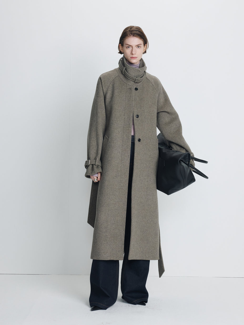 (W) HIGH-NECK BELTED WOOL COAT_ HEATHER GREY
