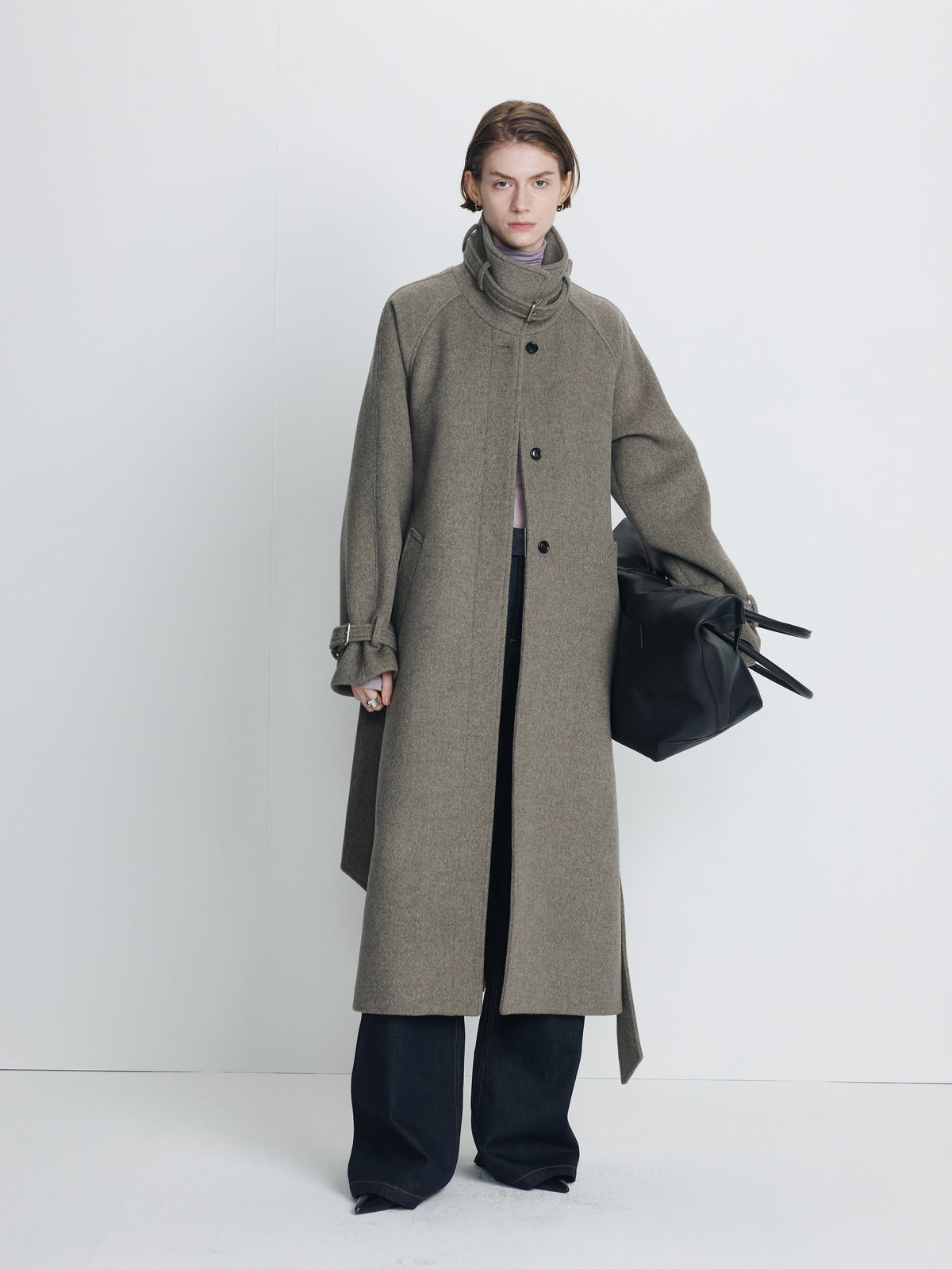 (W) HIGH-NECK BELTED WOOL COAT_ HEATHER GREY