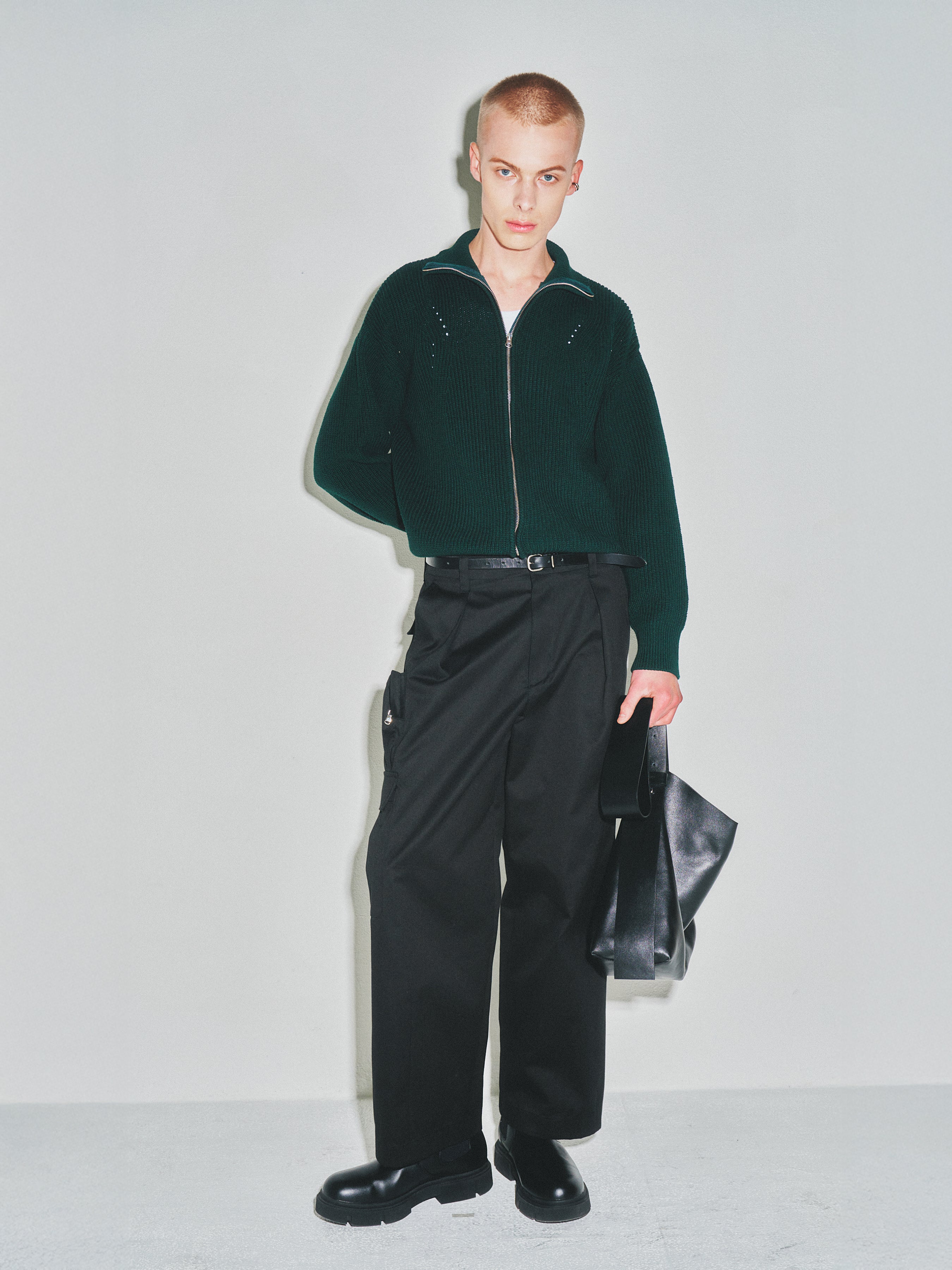 Italian Cotton Hard Twist Zip-up Knit_ Dark Green