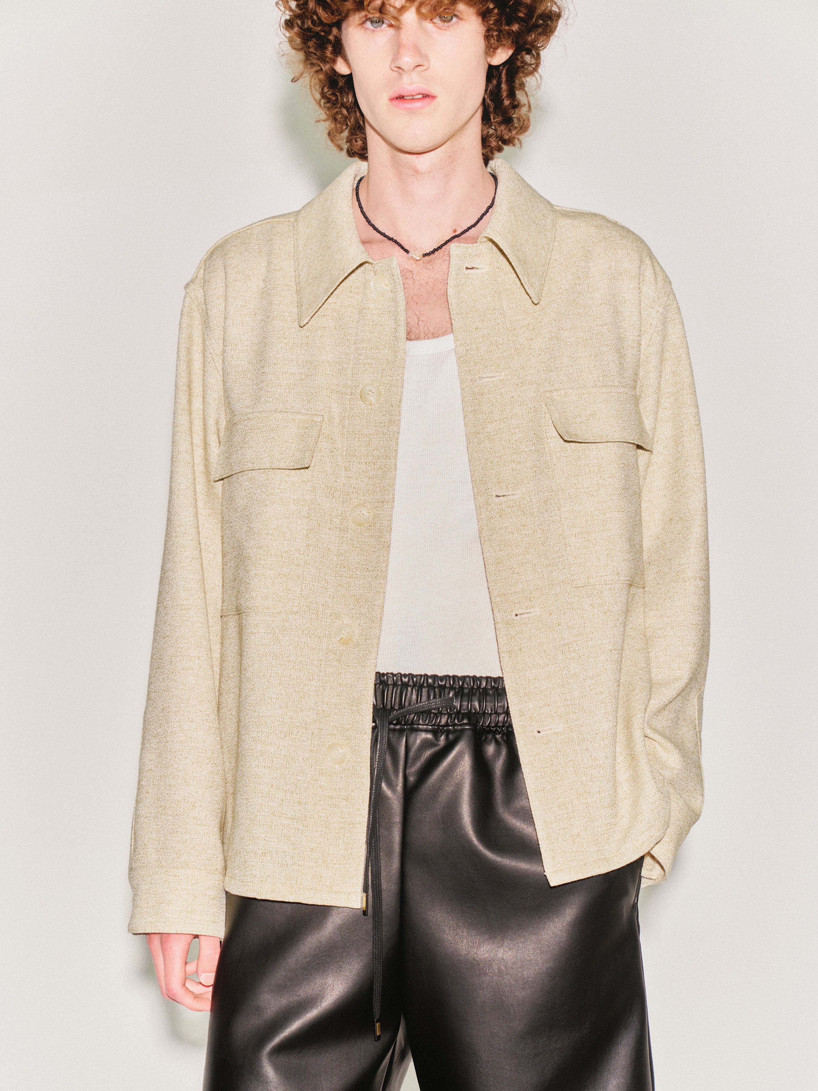 Wool and Lyocell Natural Tweed Shirt Jacket_ Sage Beige