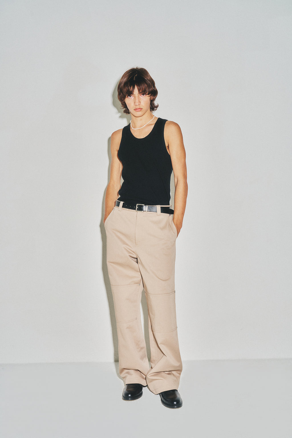 Hard Twist Semi-wide Cut Double Knee Pants_ Beige