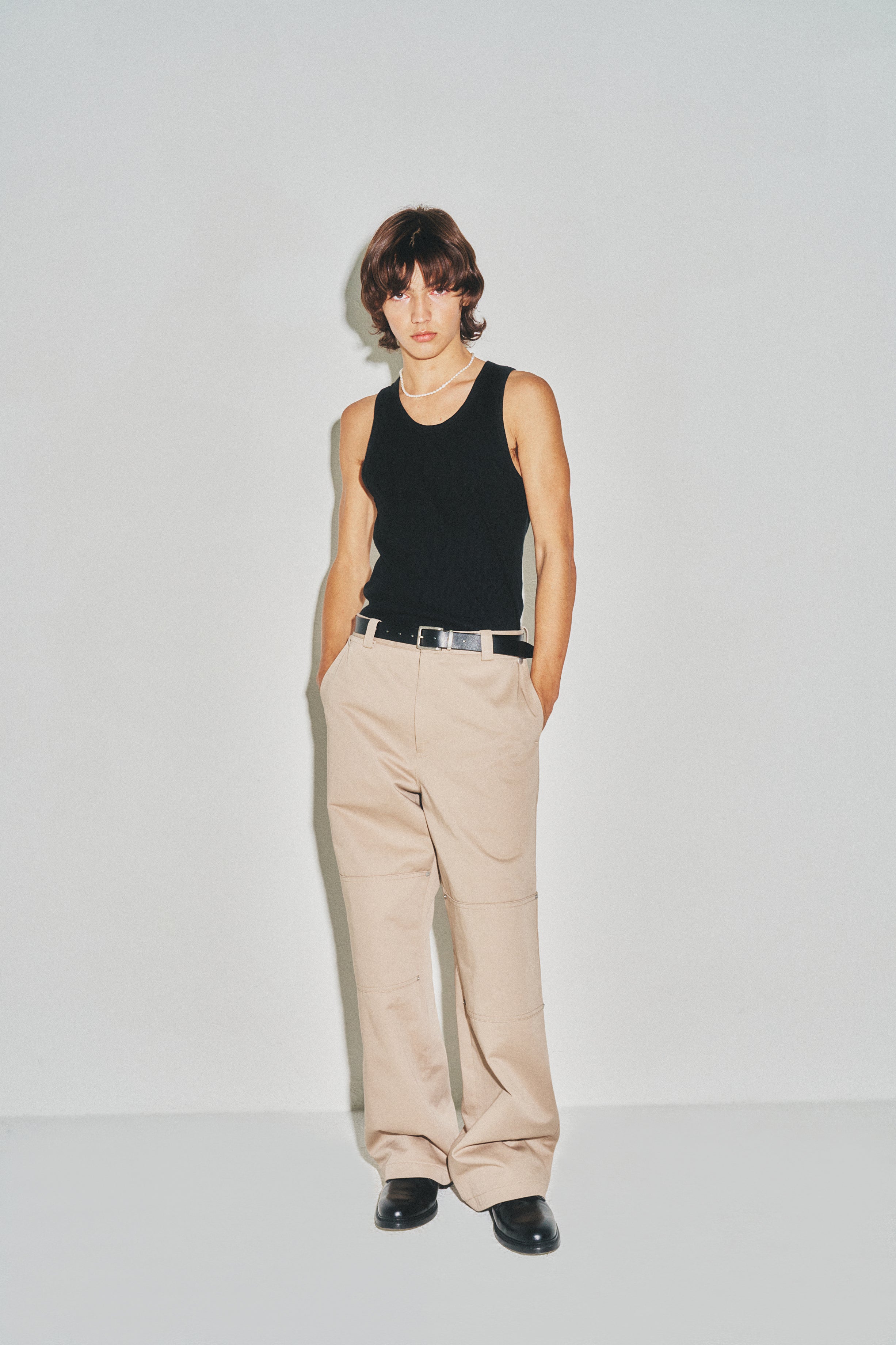 Hard Twist Semi-wide Cut Double Knee Pants_ Beige