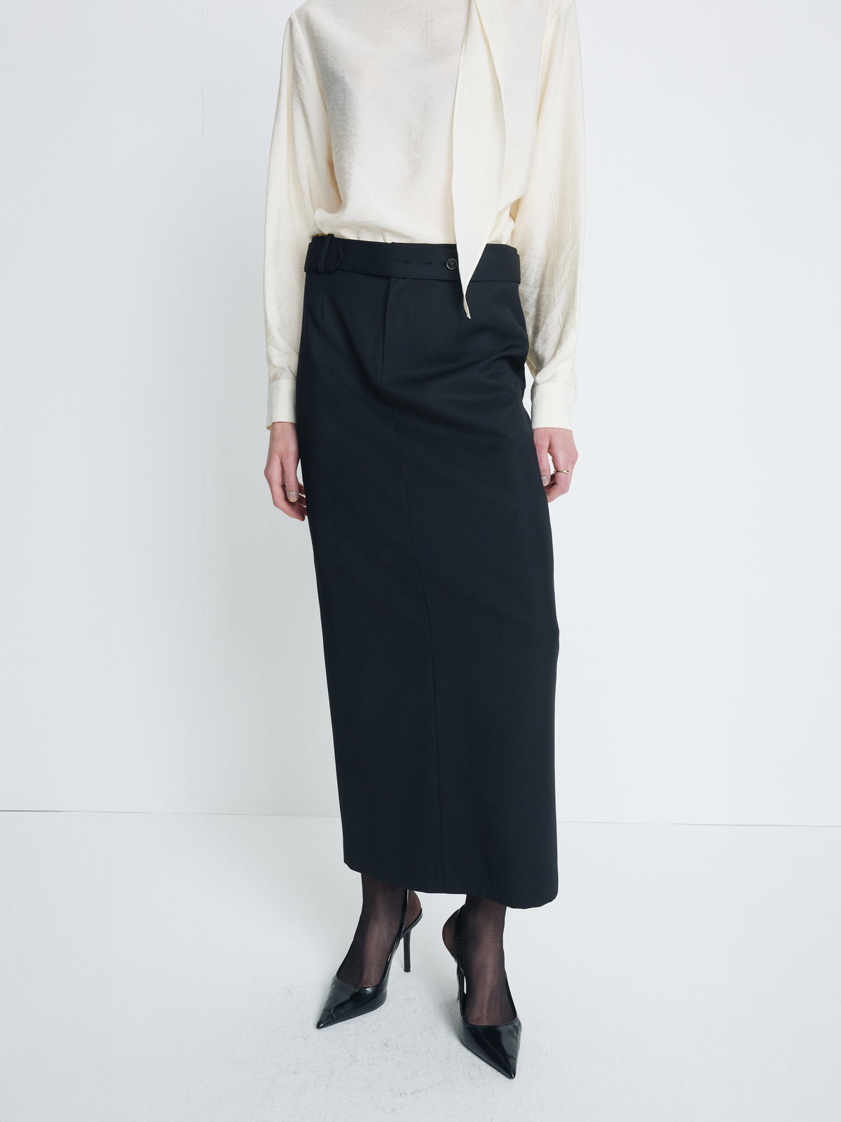 (W) WOOL BELTED MAXI SKIRT_ BLACK