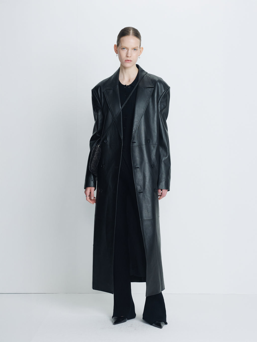 (W) NAPPA LEATHER DOUBLE-BREASTED COAT_ BLACK