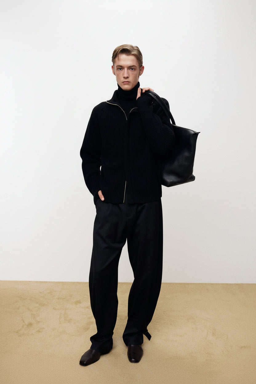 WOOL TWILL CURVED-LEG STRAP TROUSERS_ BLACK
