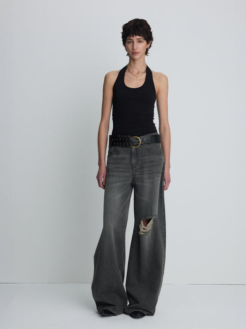 (W) DISTRESSED WIDE-LEG DENIM JEANS_ WASHED BLACK