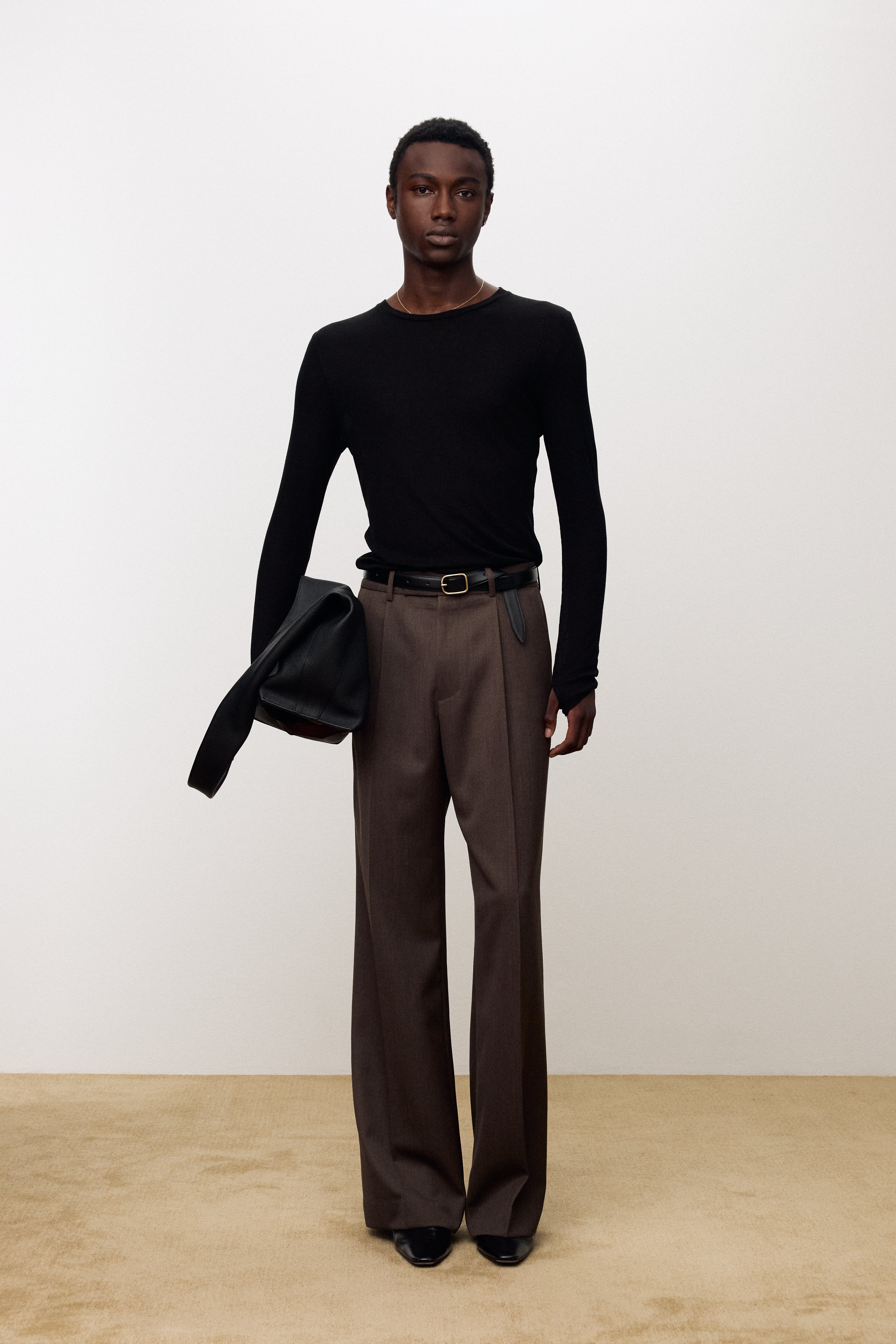 MELANGE WOOL WIDE-LEG PLEATED TROUSERS_ HAZELNUT