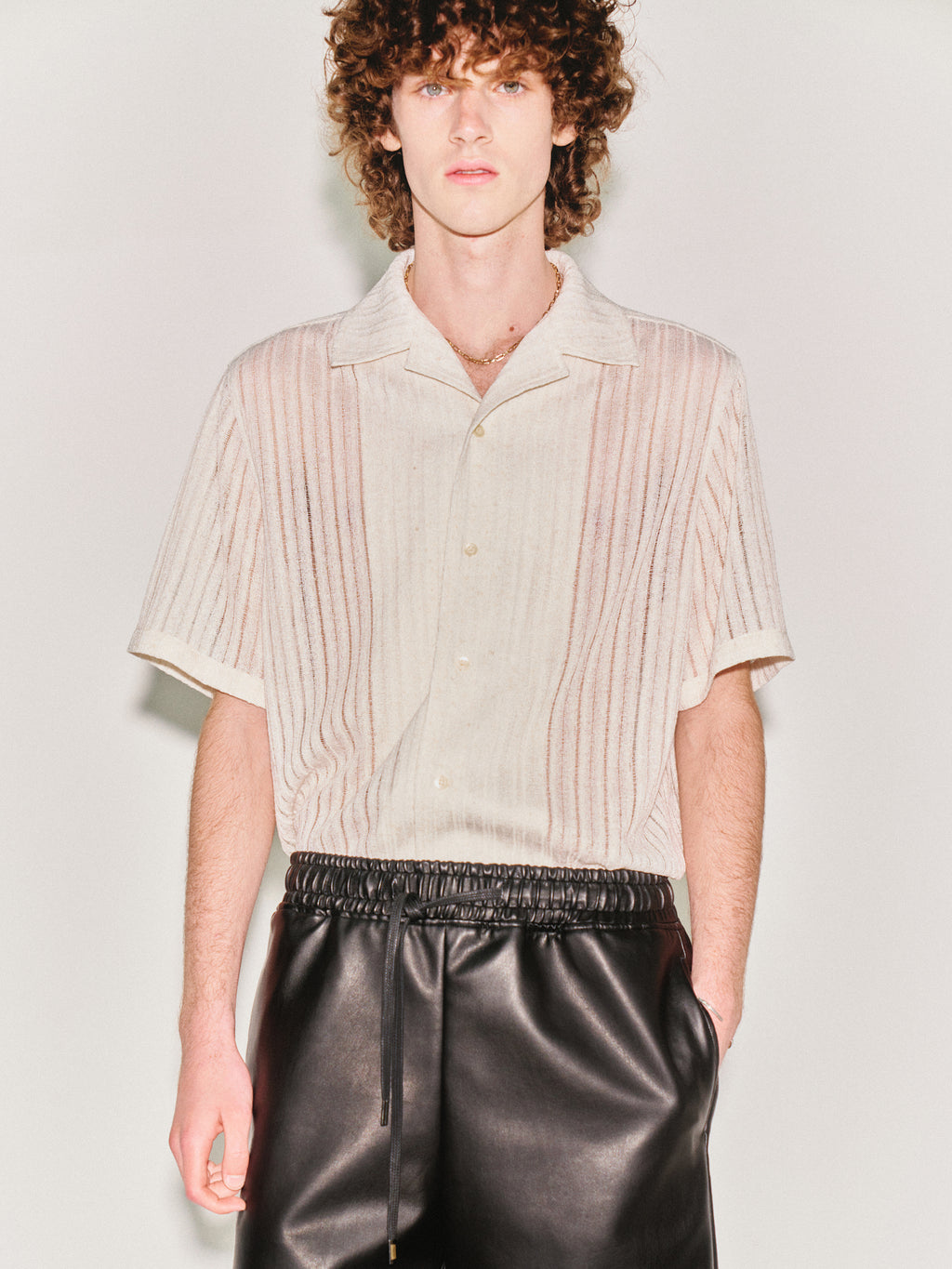 Crochet Camp Collar Half Sleeve Shirt_ Melange Ecru