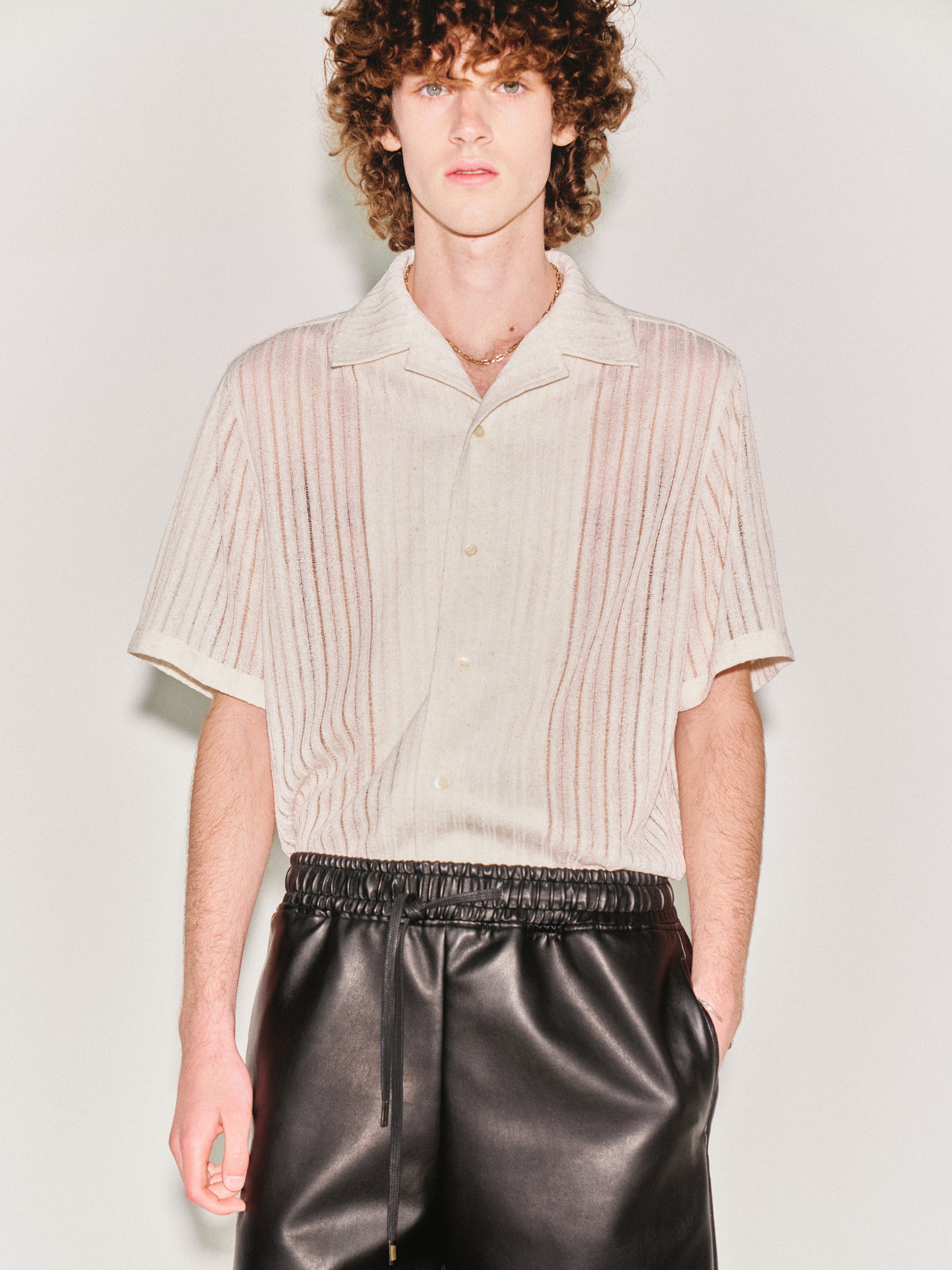 Crochet Camp Collar Half Sleeve Shirt_ Melange Ecru