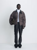 LEATHER COLLAR DOWN PUFFER BLOUSON_ DEEP BROWN