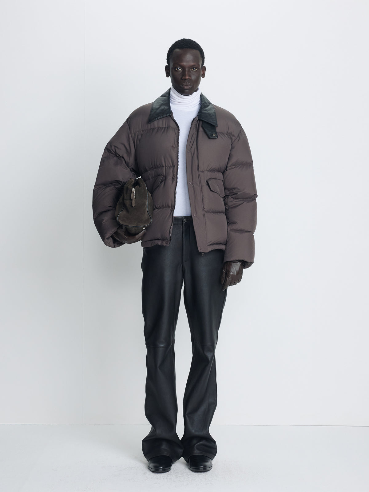 LEATHER COLLAR DOWN PUFFER BLOUSON_ DEEP BROWN