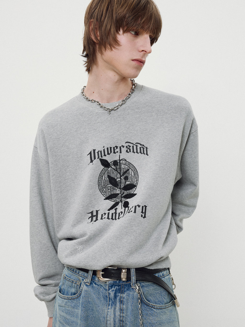 Embroidery Overlap College Sweatshirt_ Heather Grey
