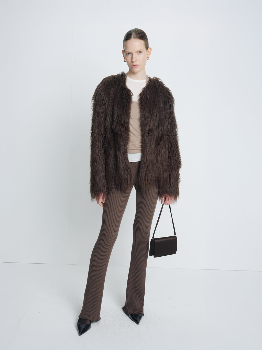 (W) LONG HAIR FAUX FUR JACKET_ BROWN