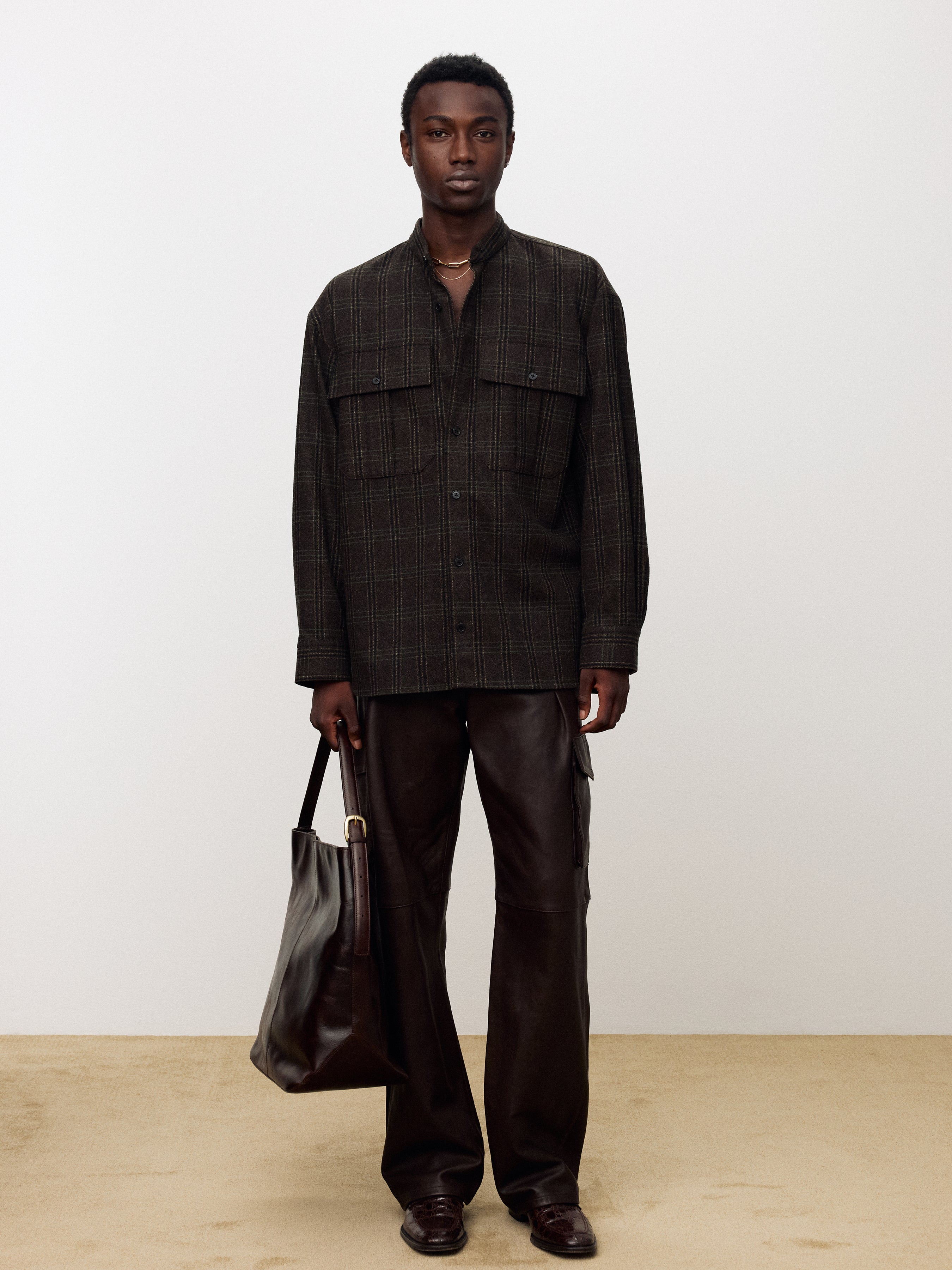 CHECKED WOOL OVERSIZED SHIRT_ DARK BROWN
