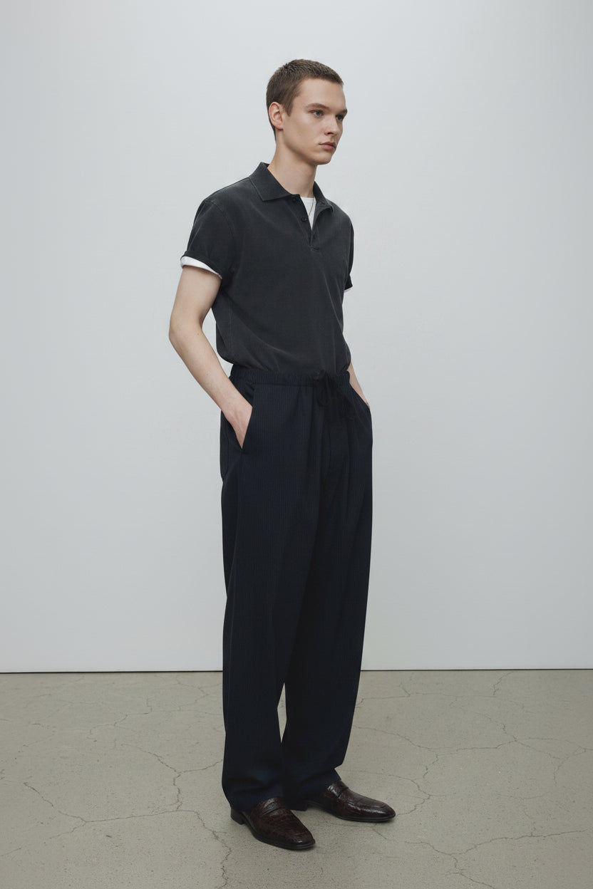 LIGHT WOOL COTTON DRAWSTRING TROUSERS_ NAVY STRIPE