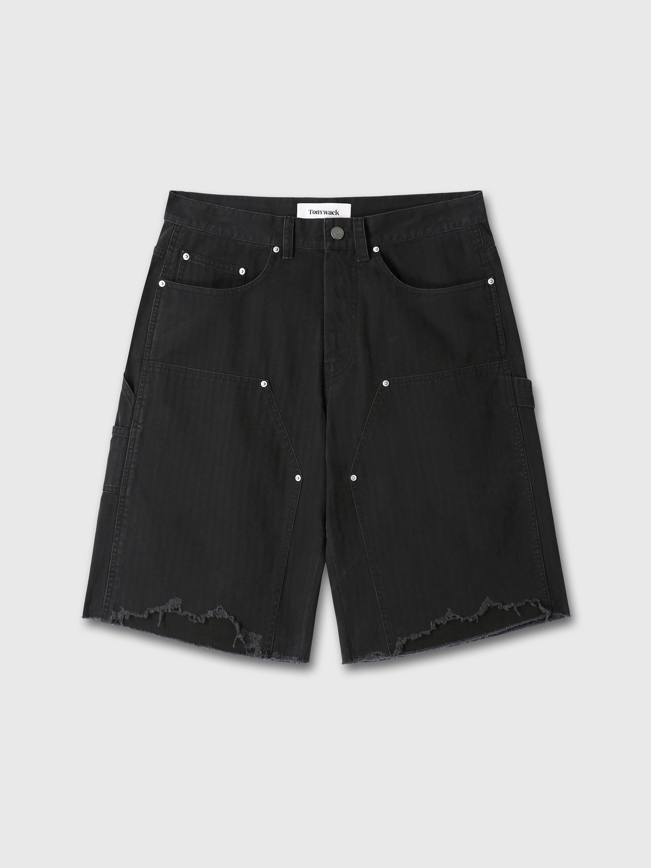 HAND DISTRESSED HBT DOUBLE KNEE SHORTS_ FADED BLACK