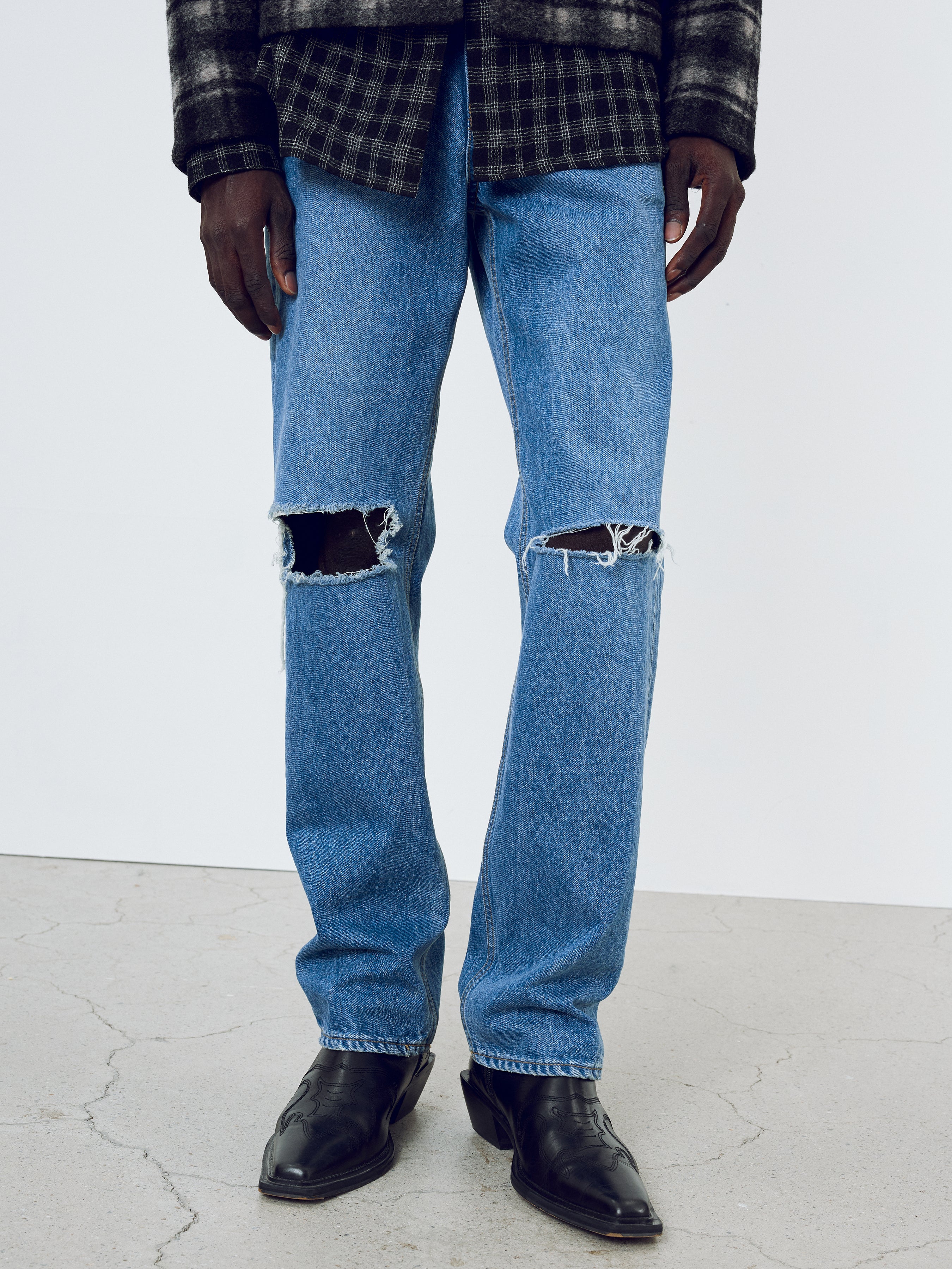 Straight-Leg Distressed Denim Jeans_ Mid Blue