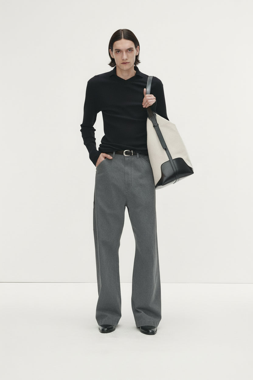 WASHED COTTON WIDE-LEG WORK PANTS_ RHINO