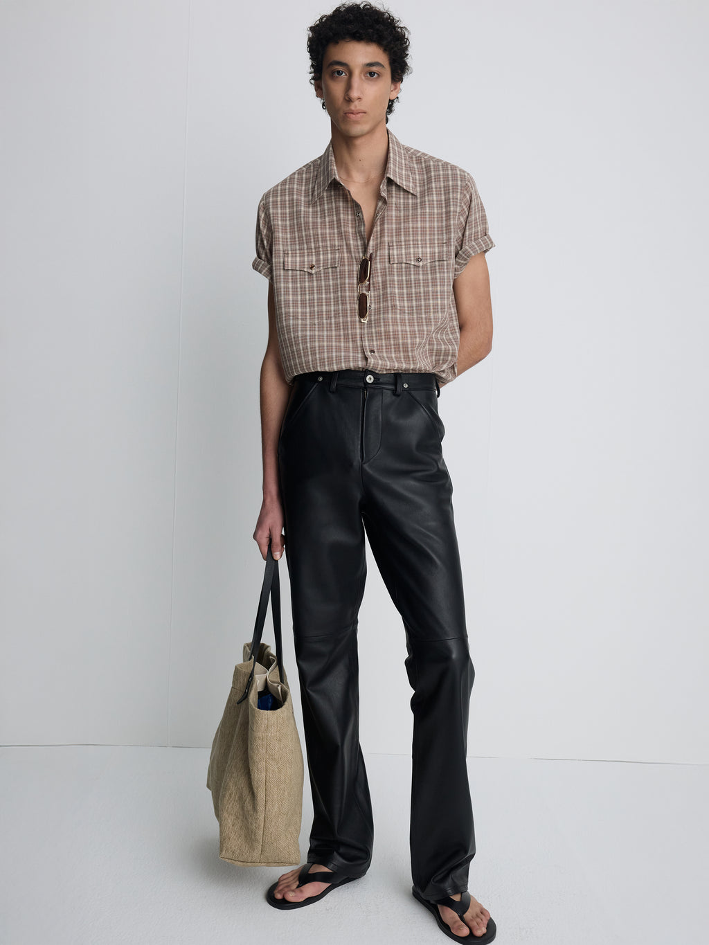 CHECKED COTTON BLEND WESTERN SHIRT_ TAUPE/AMBER