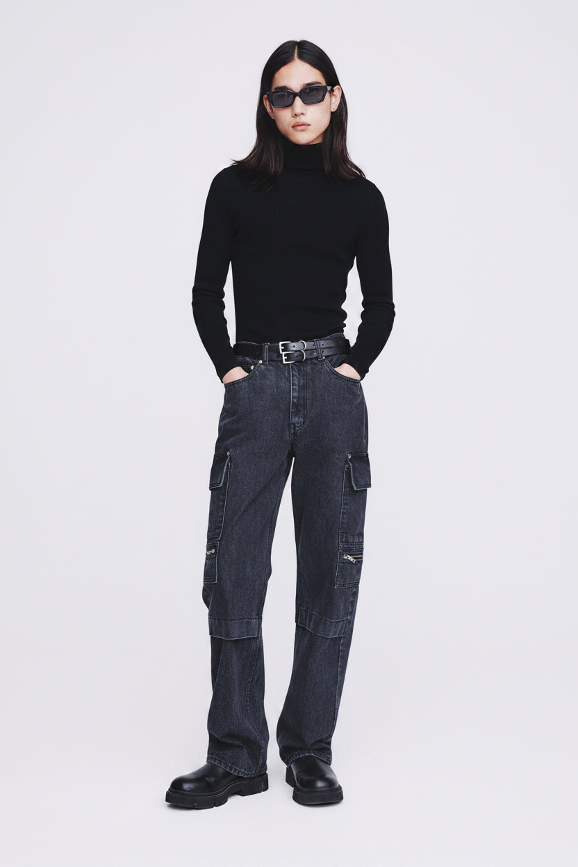 Relaxed Cut Denim Cargo Jeans_ Faded Black