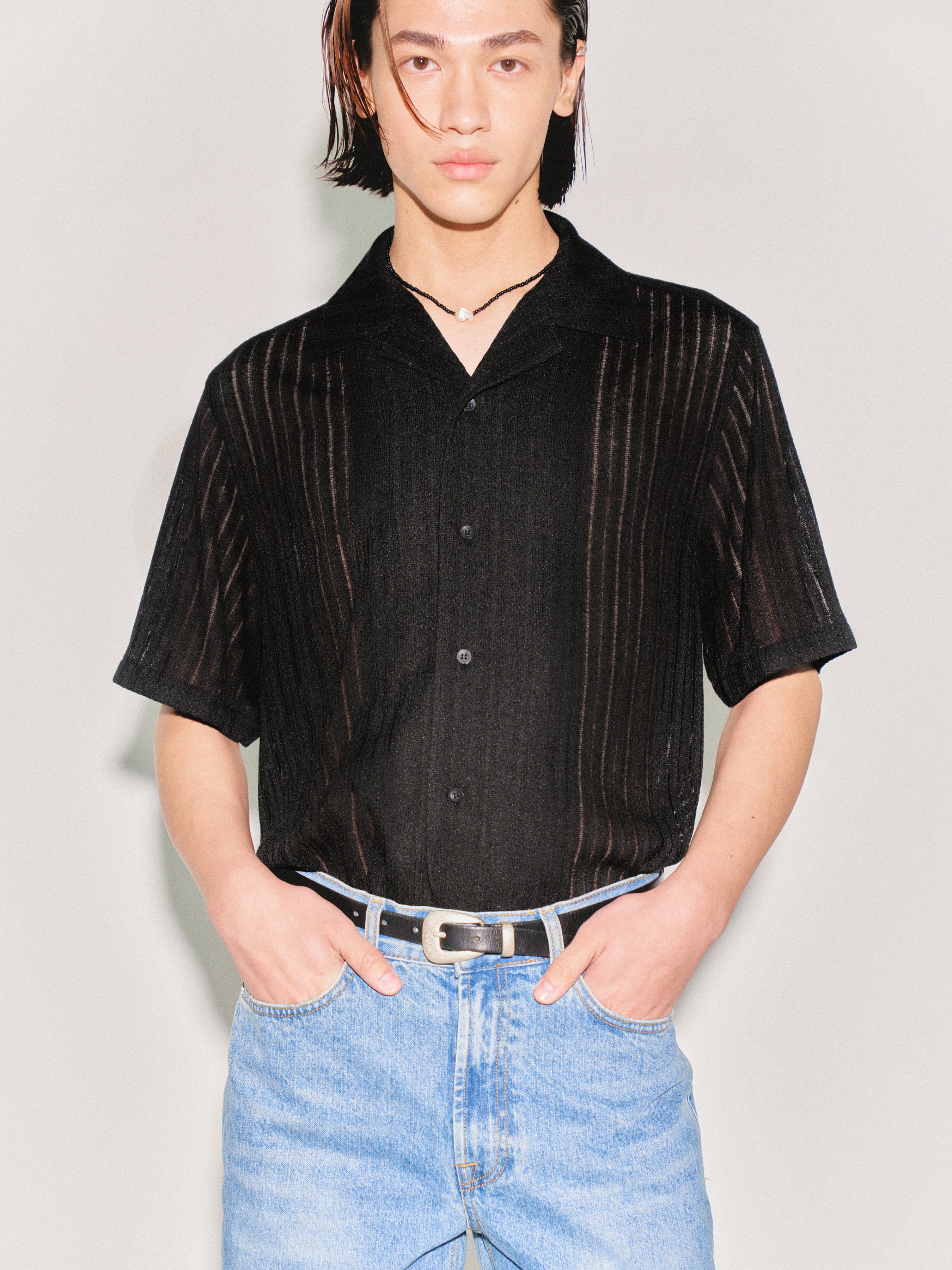 Crochet Camp Collar Half Sleeve Shirt_ Black