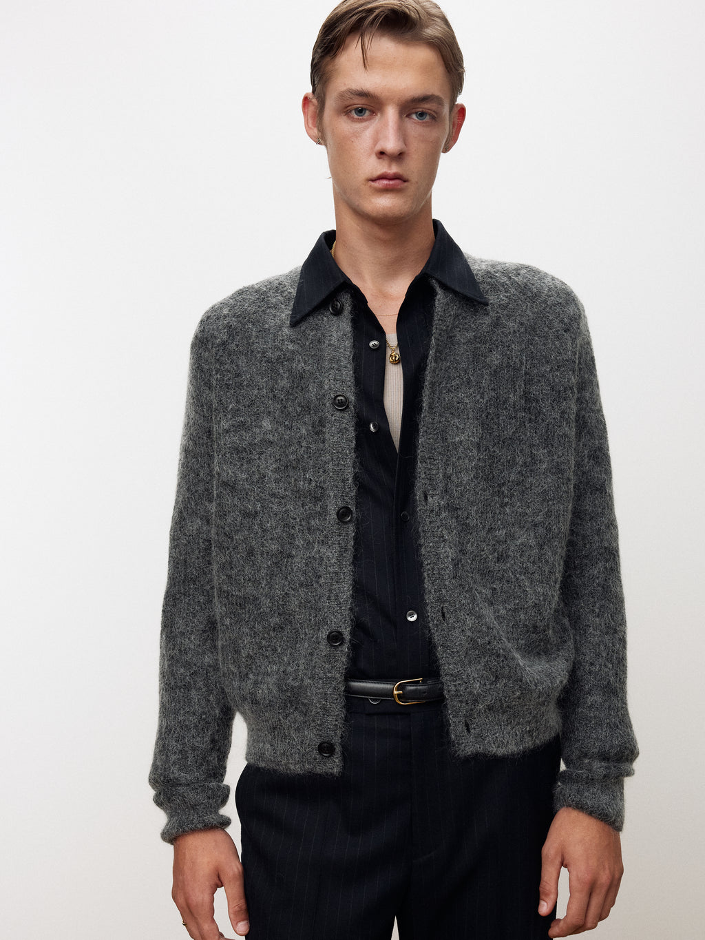 WOOL AND MOHAIR RIBBED MESH CARDIGAN_ MELANGE GREY