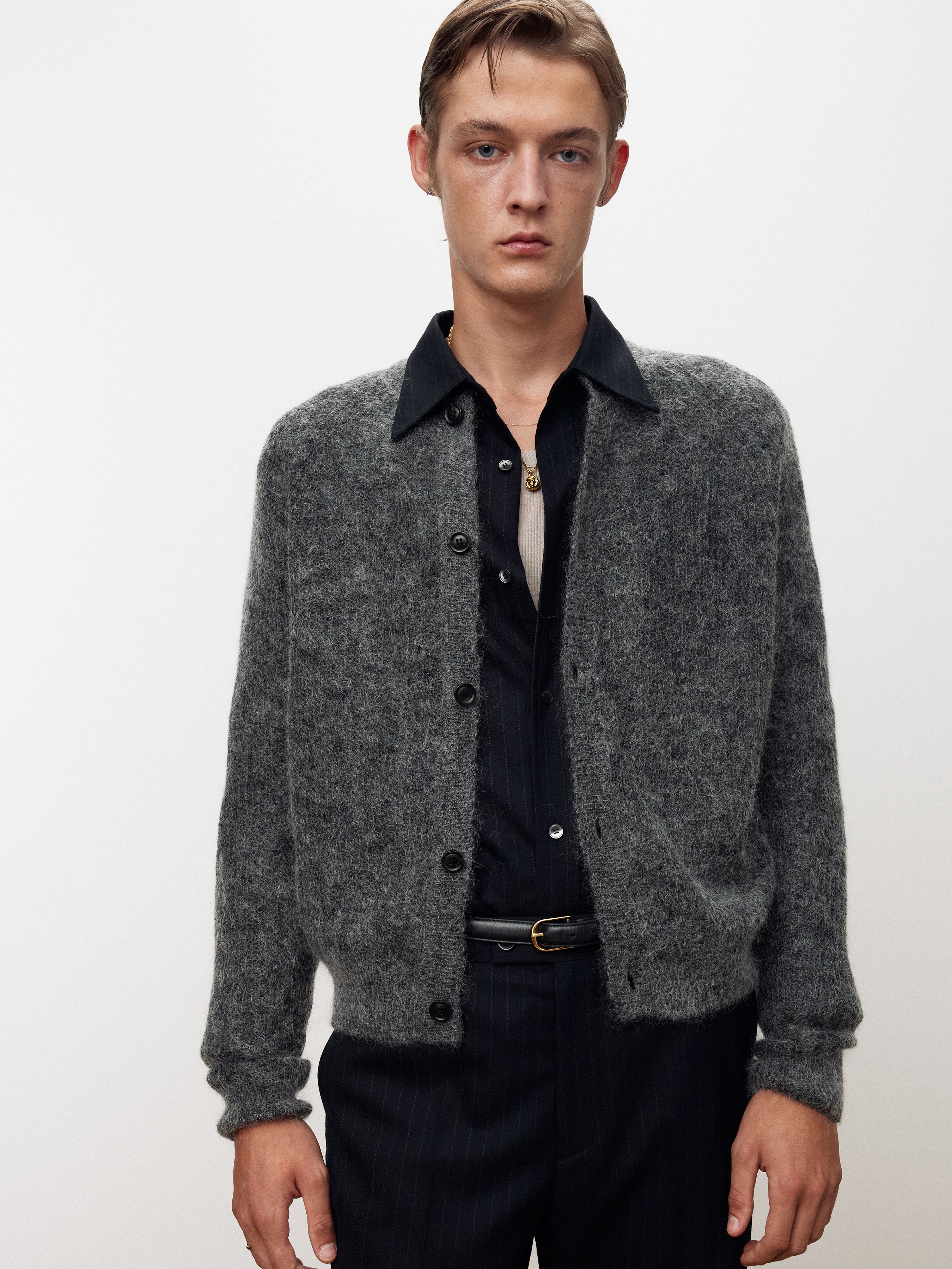 WOOL AND MOHAIR RIBBED MESH CARDIGAN_ MELANGE GREY