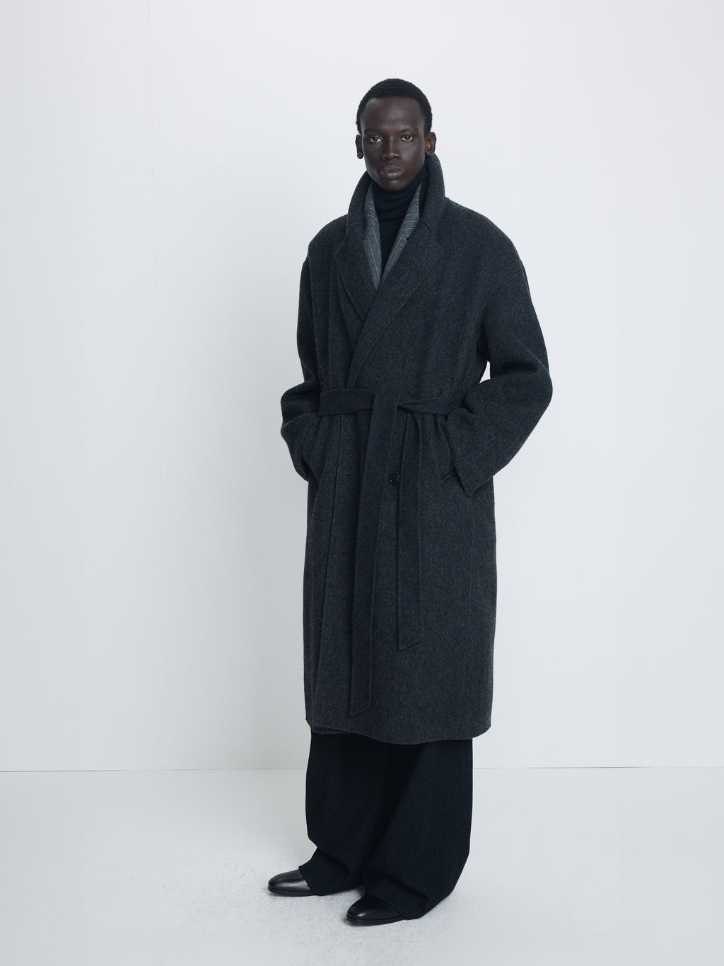 HAND-MADE WOOL BELTED DOUBLE COAT_ MELANGE CHARCOAL