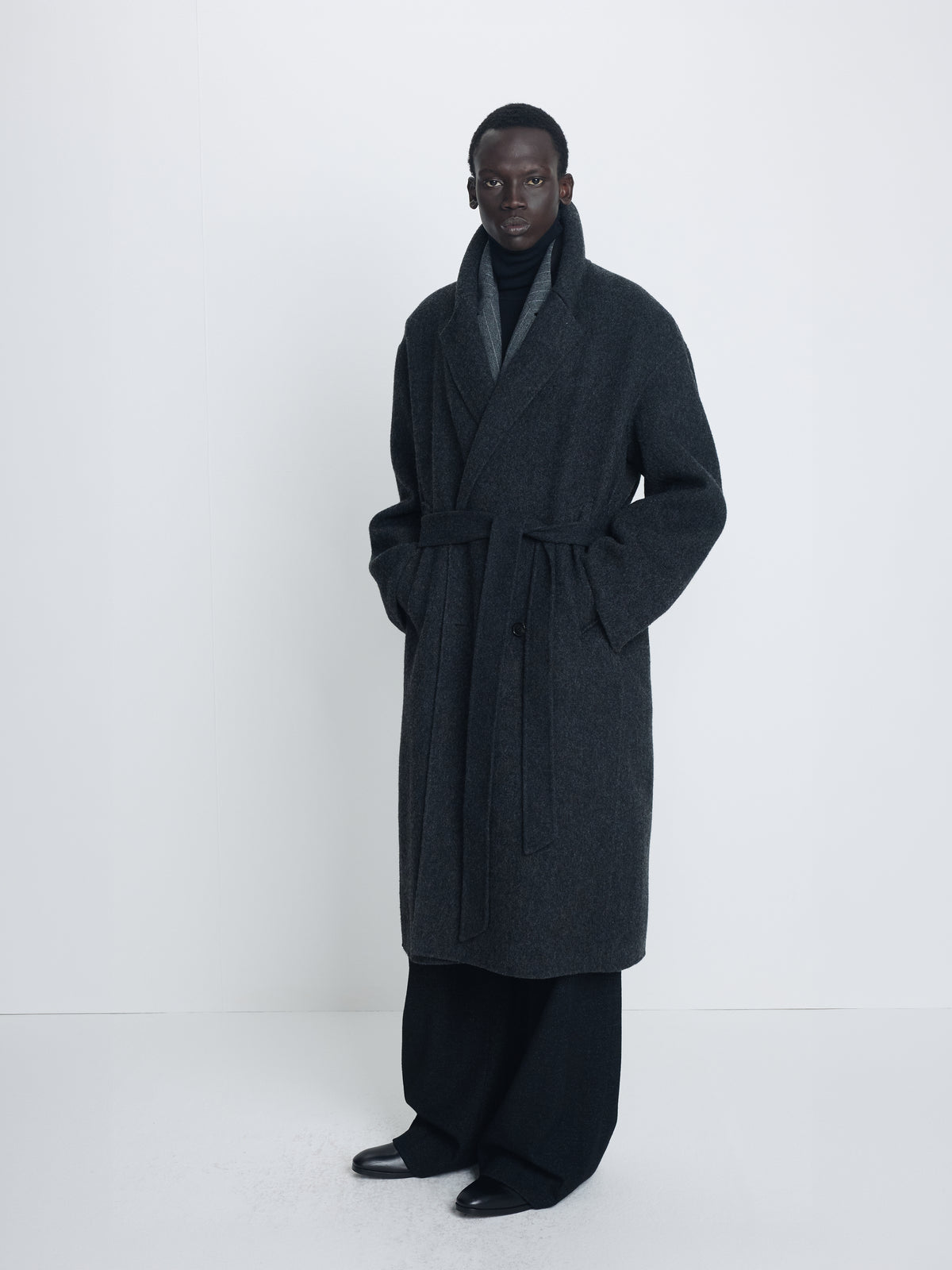 HAND-MADE WOOL BELTED DOUBLE COAT_ MELANGE CHARCOAL
