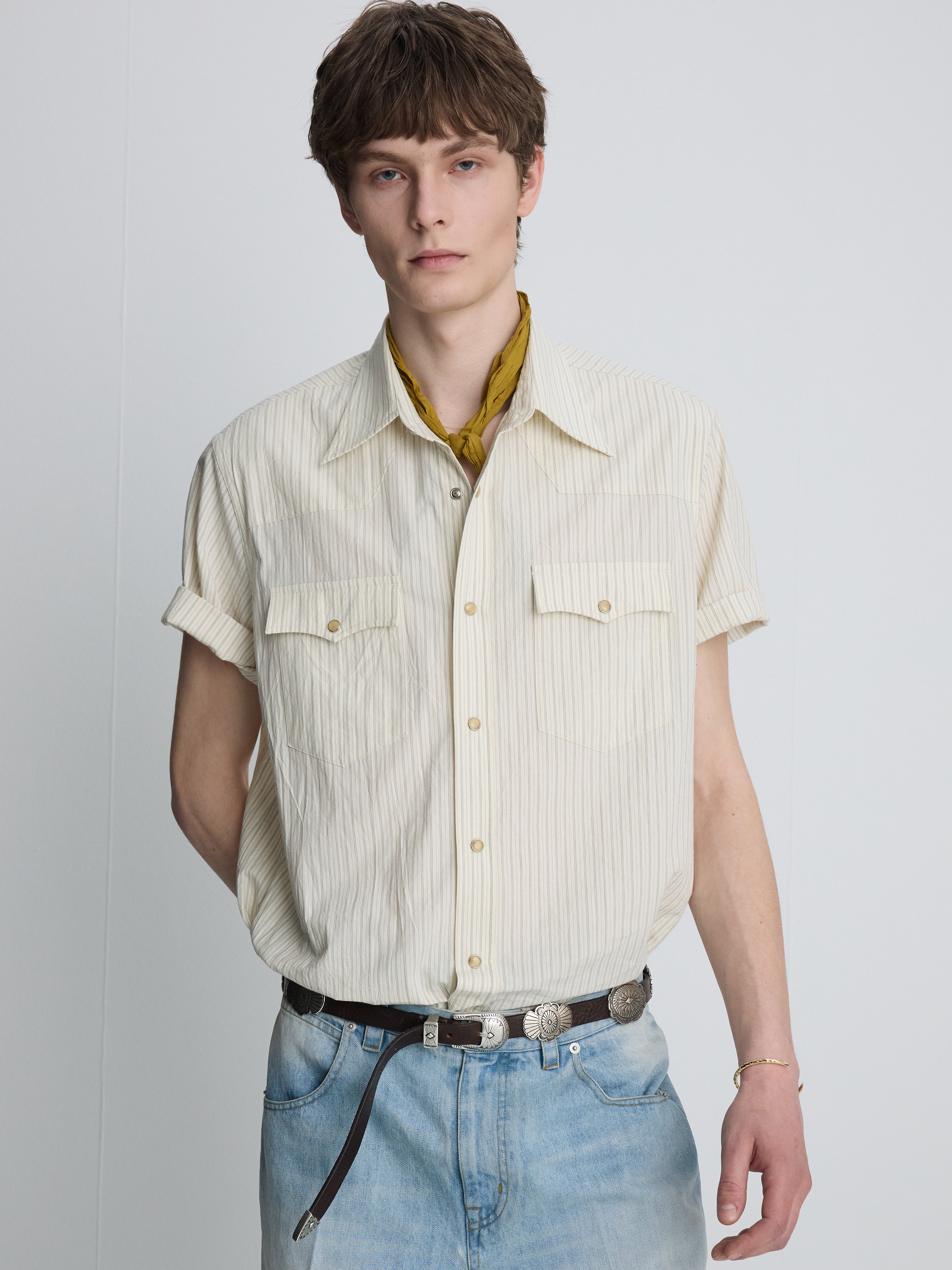 STRIPED COTTON WESTERN SHIRT_ ECRU