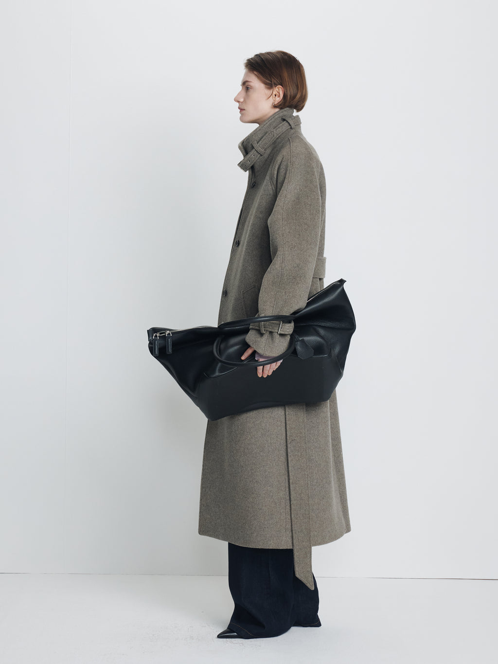 (W) HIGH-NECK BELTED WOOL COAT_ HEATHER GREY