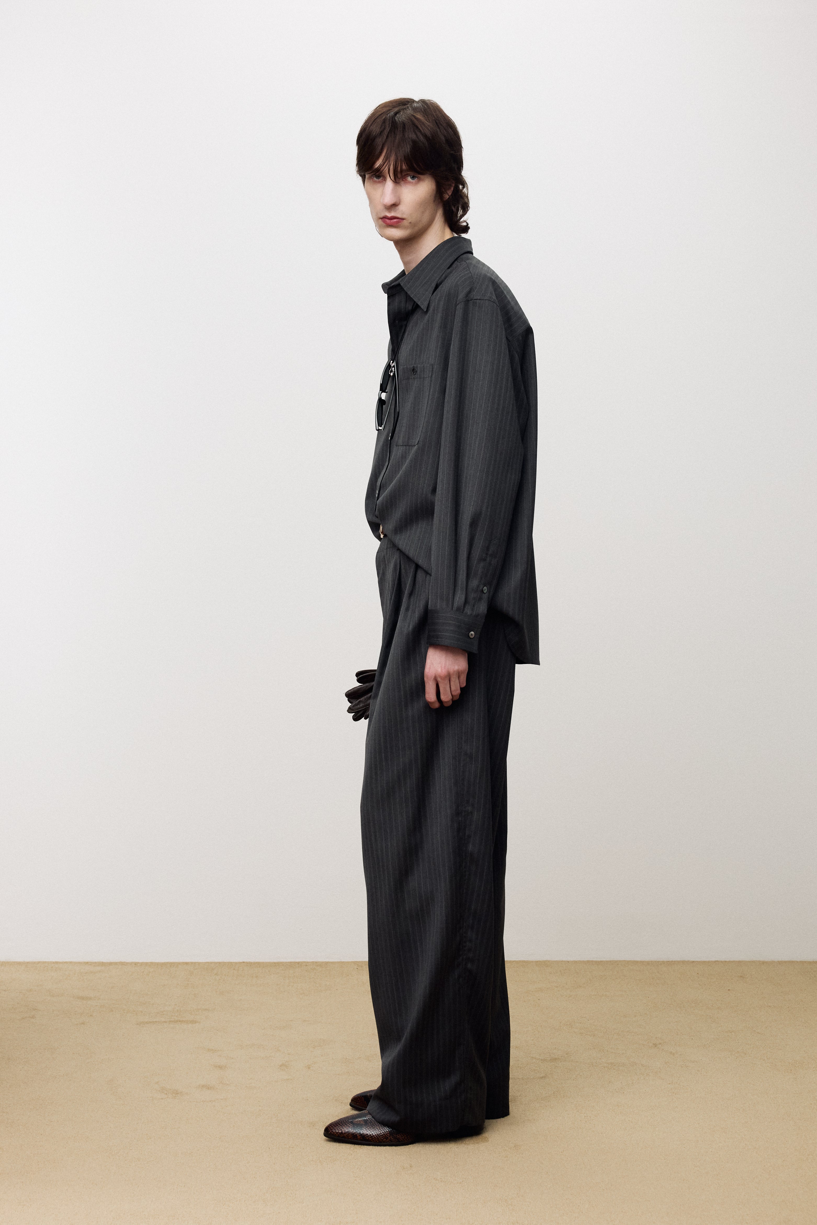 STRIPED WOOL DOUBLE-PLEATS WIDE TROUSERS_ GREY PINSTRIPE