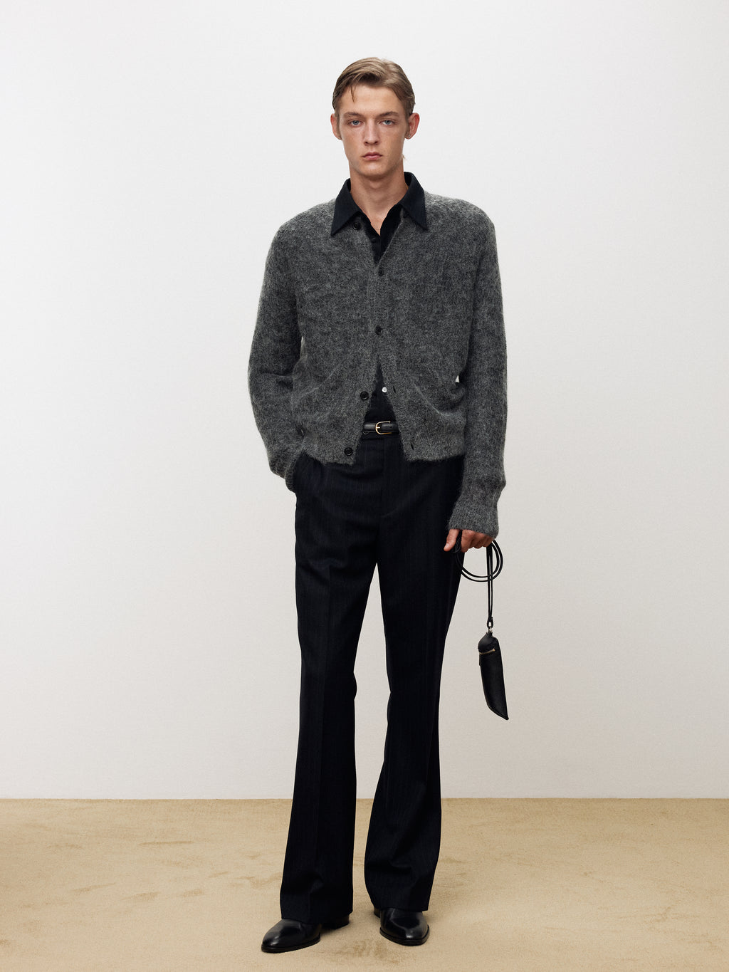 WOOL AND MOHAIR RIBBED MESH CARDIGAN_ MELANGE GREY