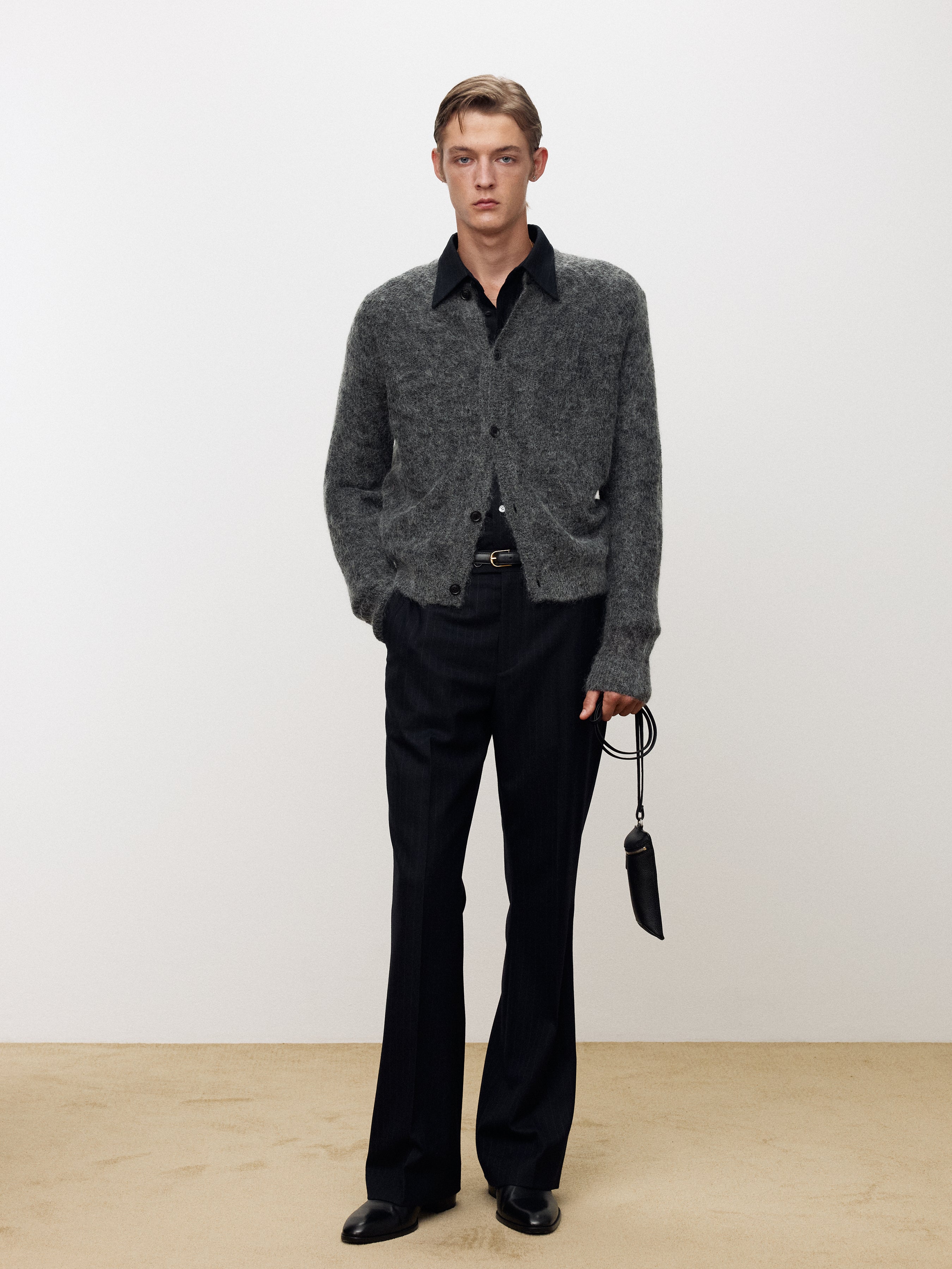 WOOL AND MOHAIR RIBBED MESH CARDIGAN_ MELANGE GREY
