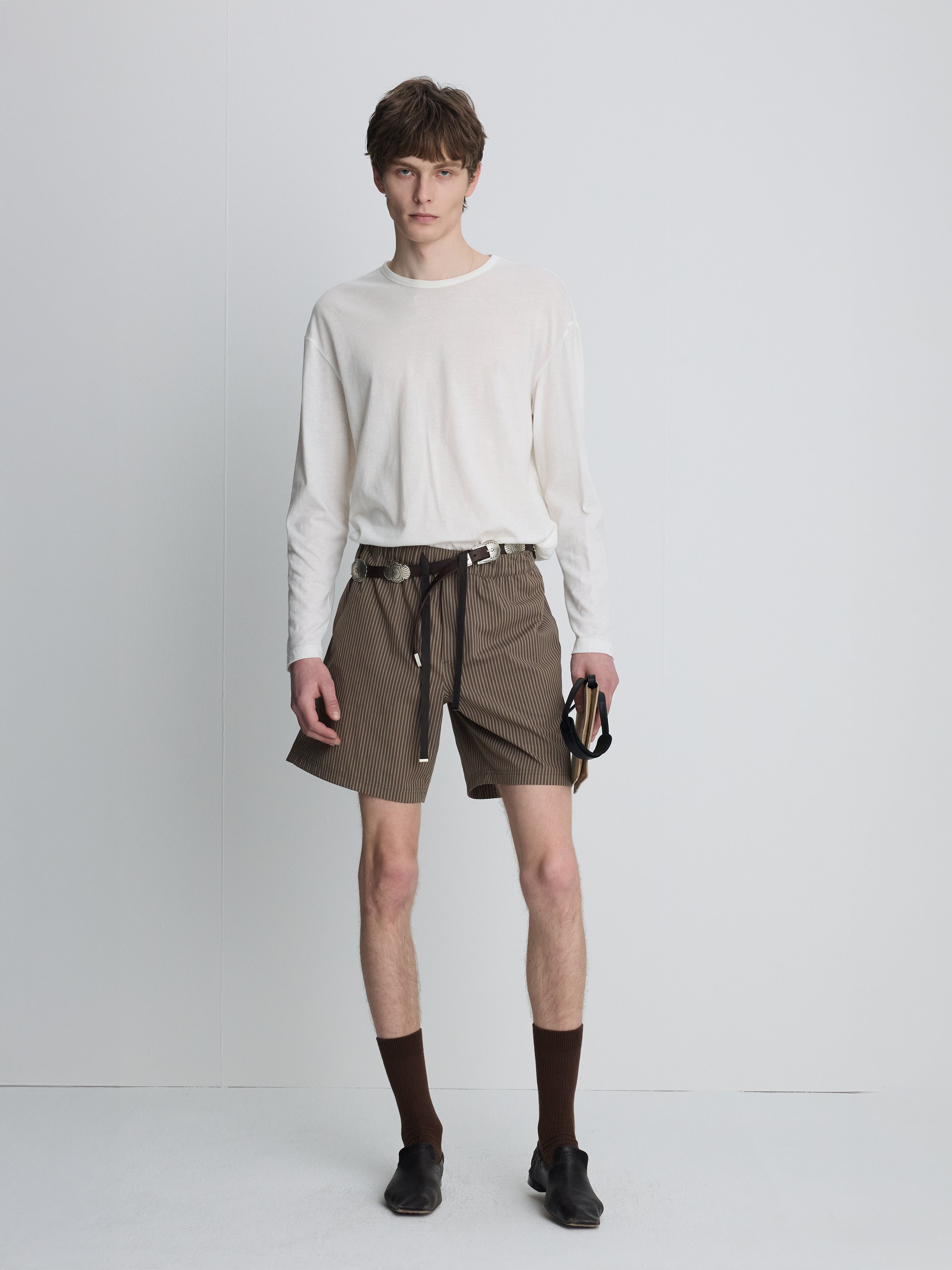 STRIPED COTTON LOUNGE SHORTS_ OLIVE BROWN