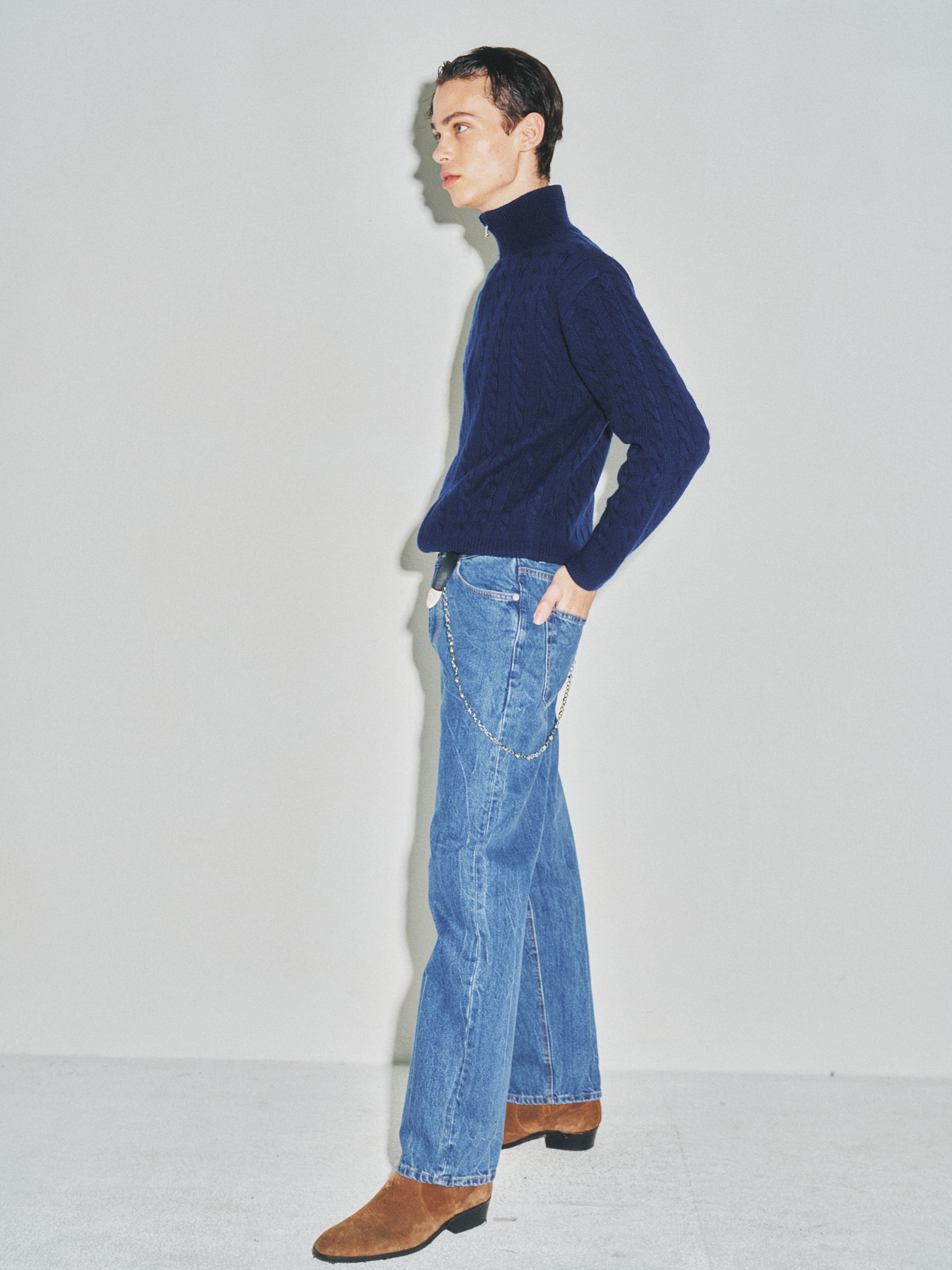 Super Fine Wool Cable Knit Zip-up_ Navy Blue