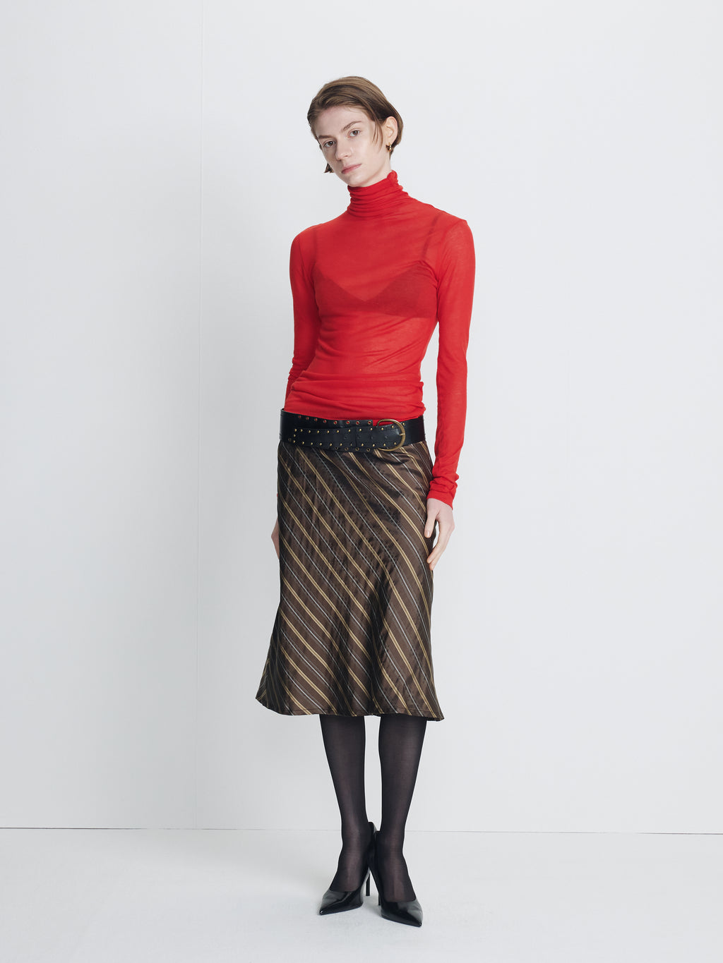 (W) SILK STRIPES MIDI-SKIRT_ BROWN STRIPE