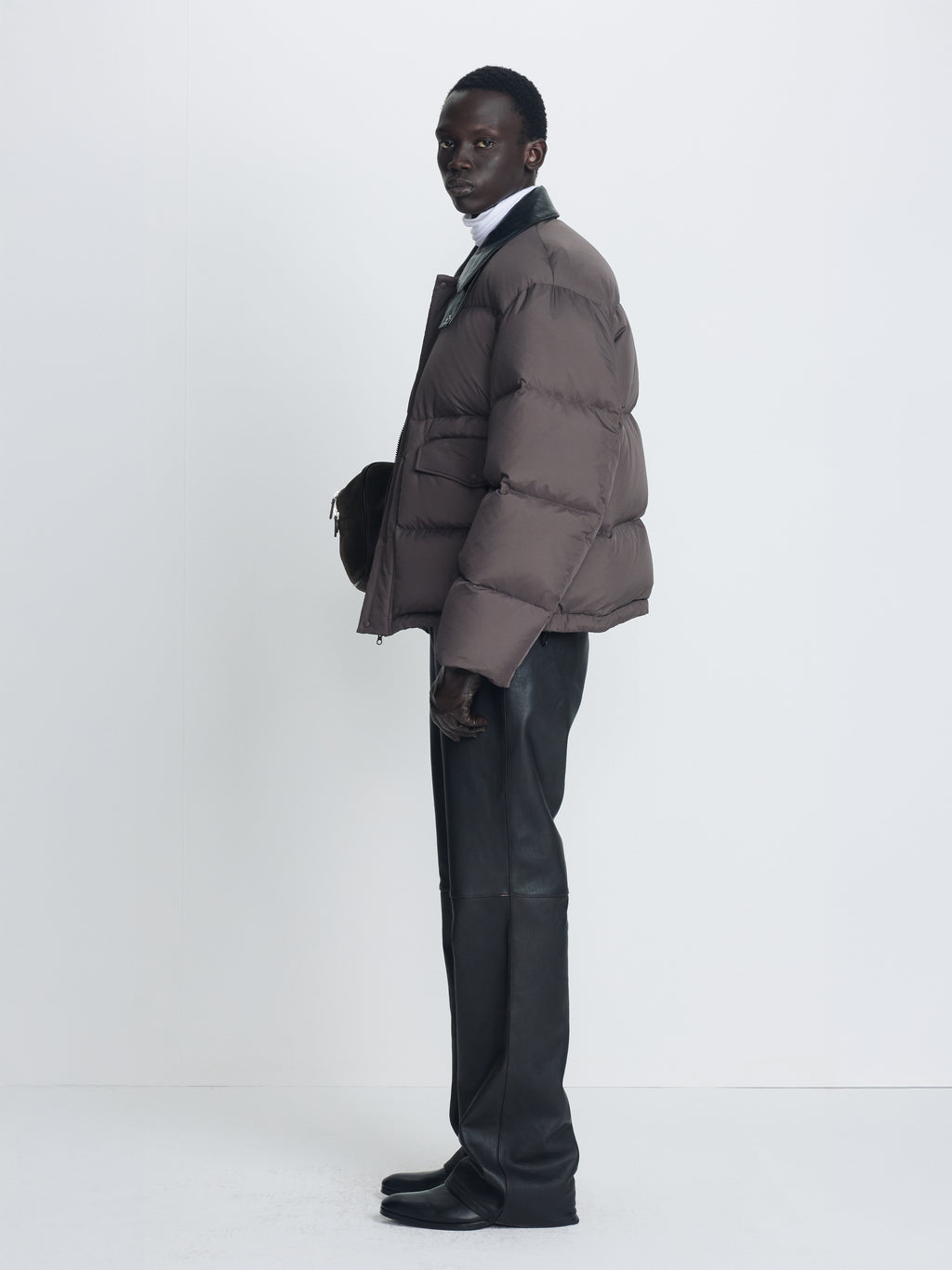 LEATHER COLLAR DOWN PUFFER BLOUSON_ DEEP BROWN