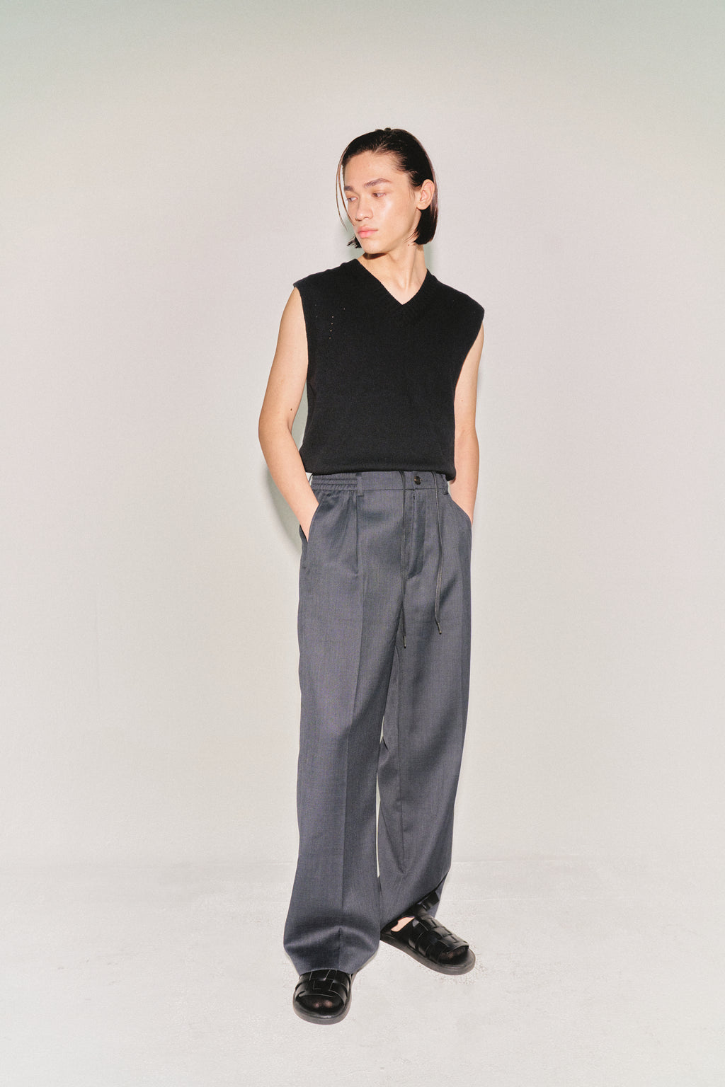 High-density Wool Drawstring Wide Trousers_ Grey