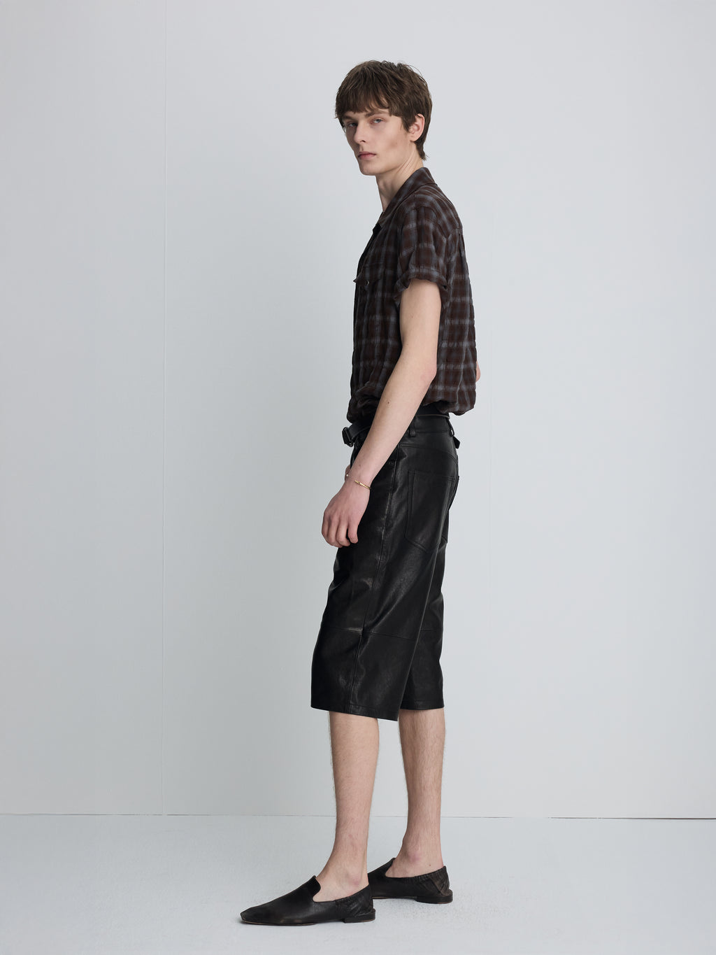 CHECKED COTTON PEARL SNAP SHIRT_ UMBER/SLATE BLUE