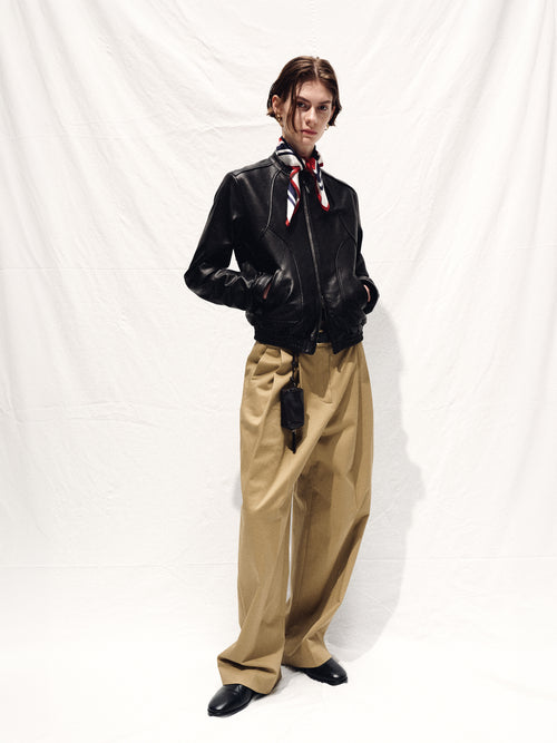 (W) COTTON WIDE LEG PLEATED TROUSERS_ BEIGE
