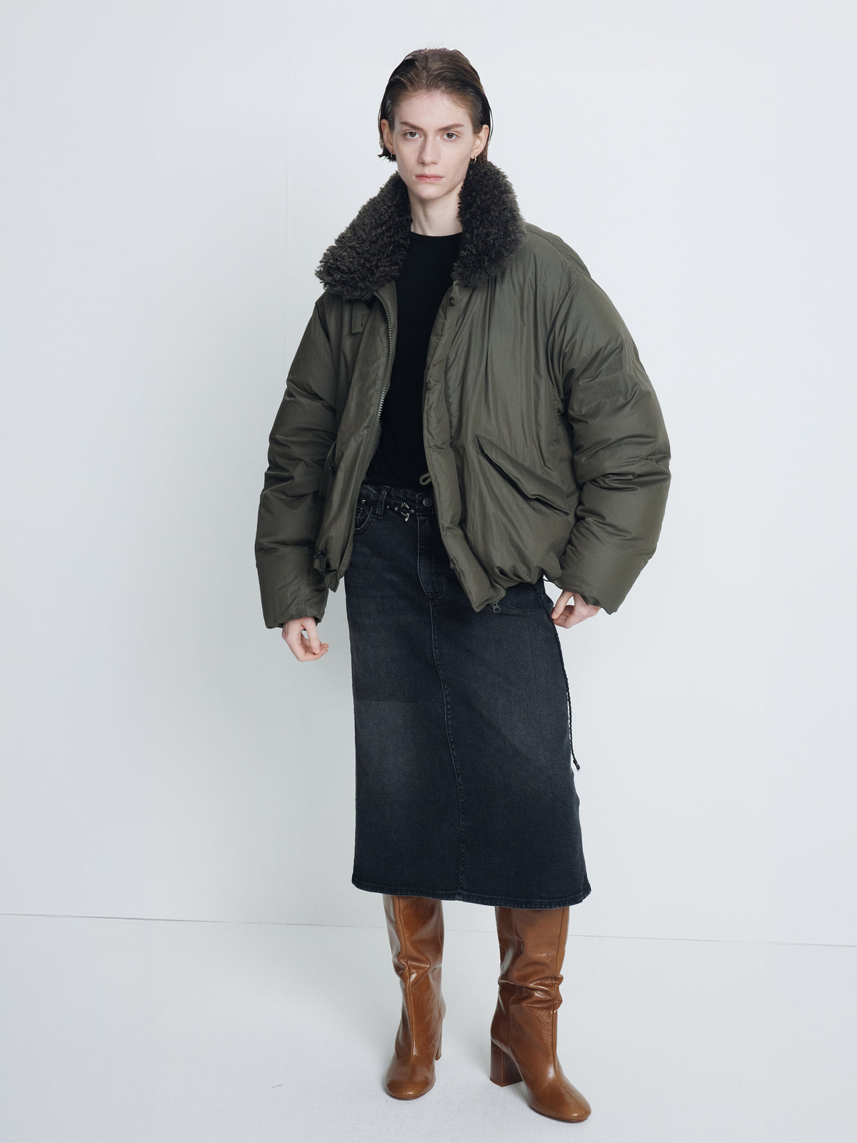(W) SHEARLING COLLAR PUFFER BLOUSON_ OLIVE