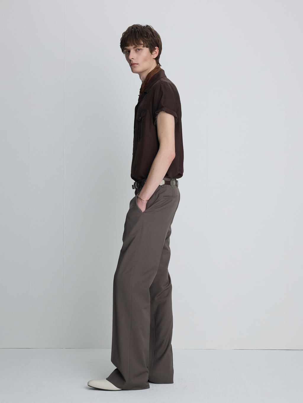 TROPICAL WOOL FLARED TROUSERS_ TAUPE