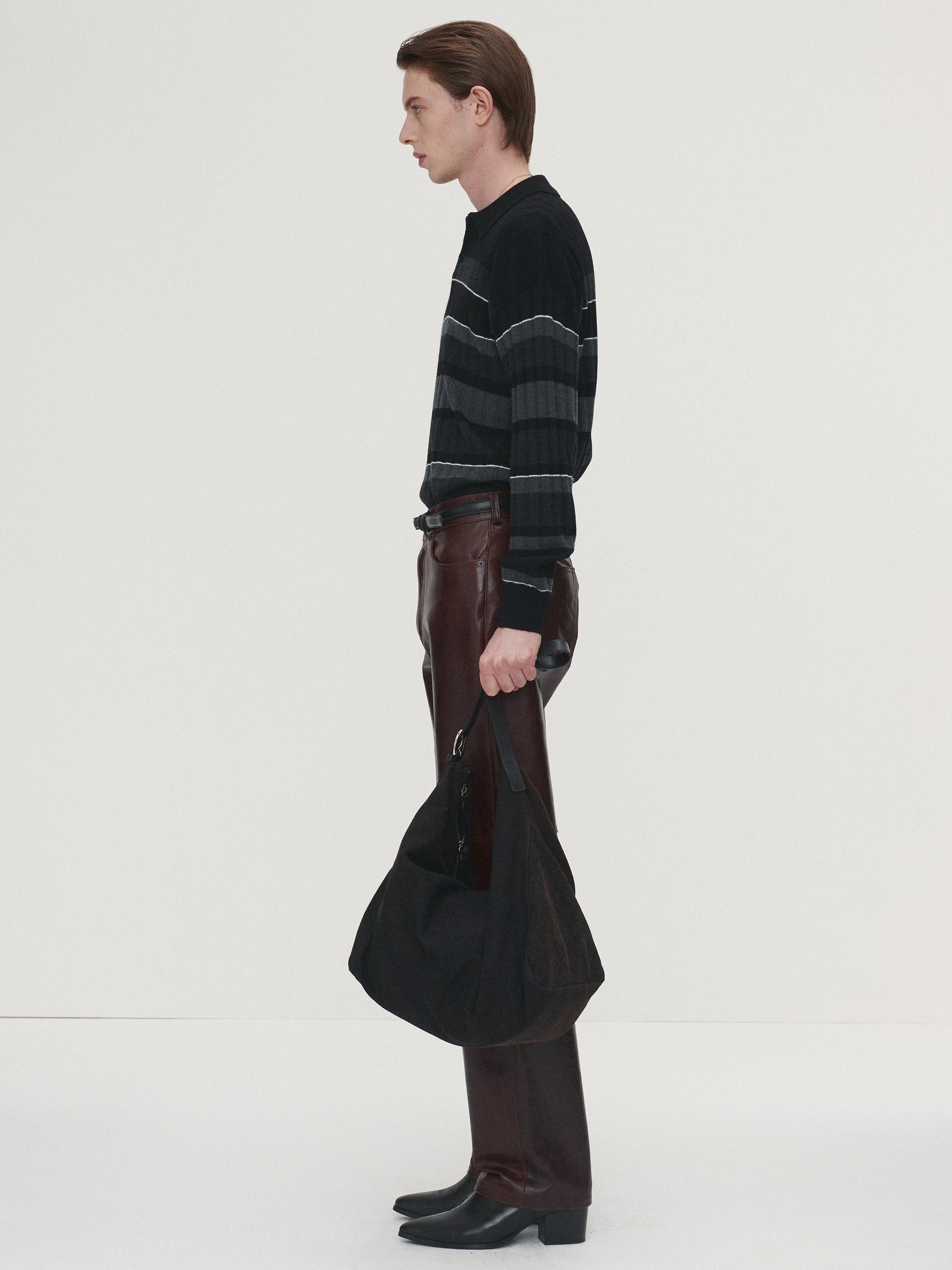 SUPER FINE WOOL RIBBED STRIPE POLO KNIT_ BLACK/GREY