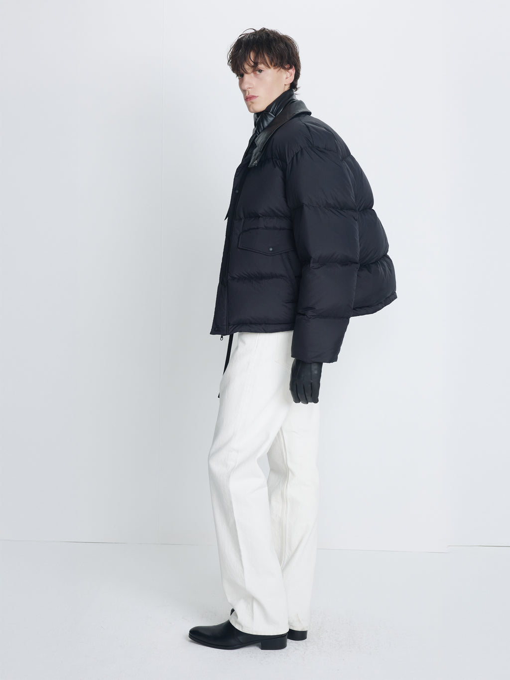 LEATHER COLLAR DOWN PUFFER BLOUSON_ BLACK