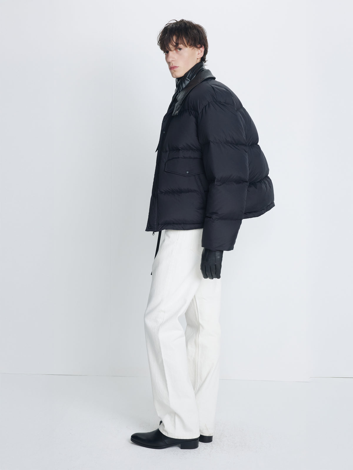 LEATHER COLLAR DOWN PUFFER BLOUSON_ BLACK