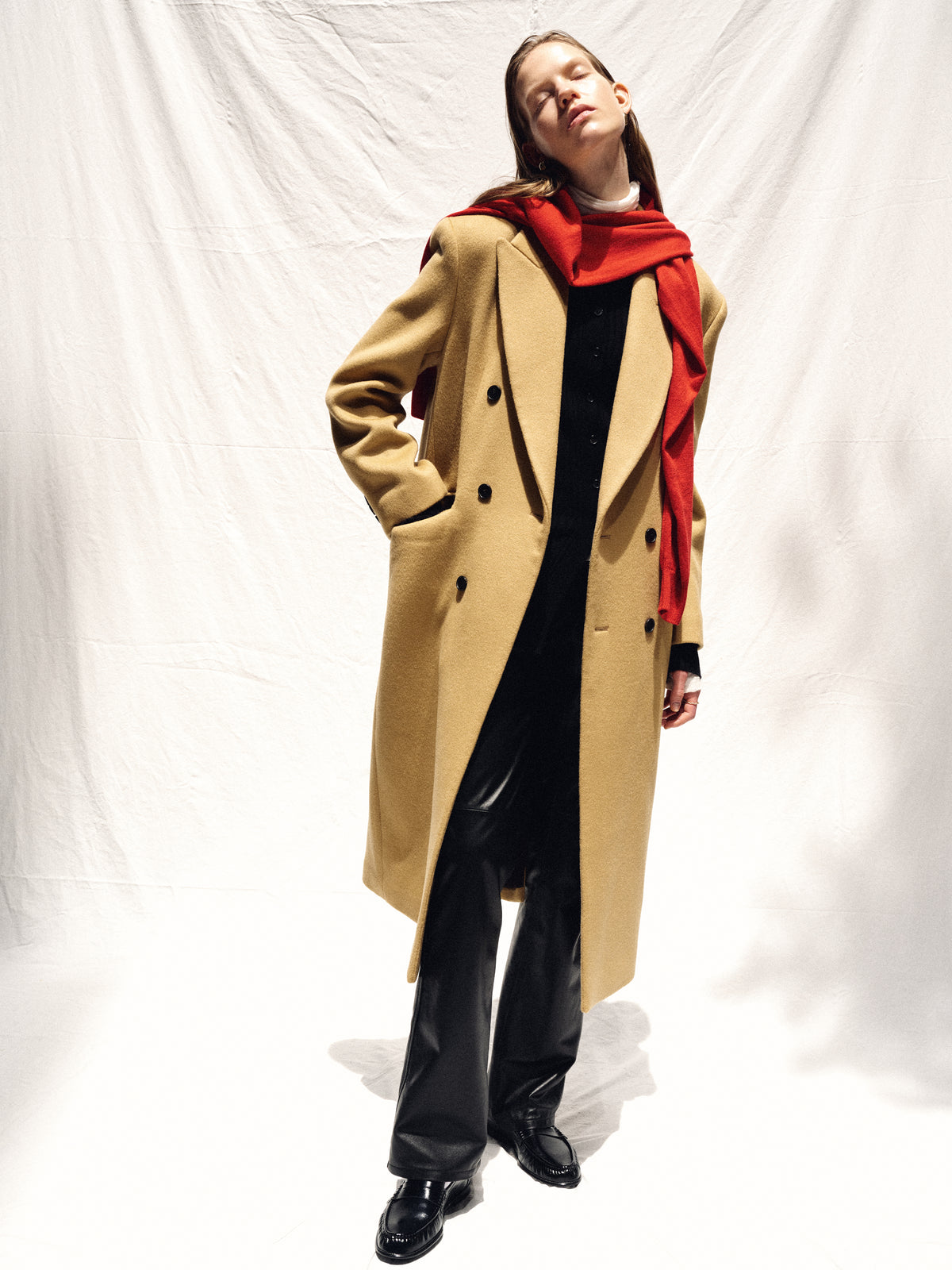 (W) WOOL TAILORED DOUBLE-BREASTED MAXI COAT_ CAMEL