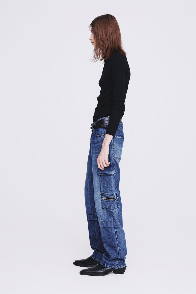 Relaxed Cut Denim Cargo Jeans_ Faded Mid Blue