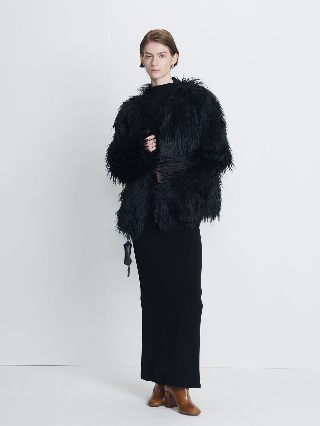 (W) LONG HAIR FAUX FUR JACKET_ BLACK