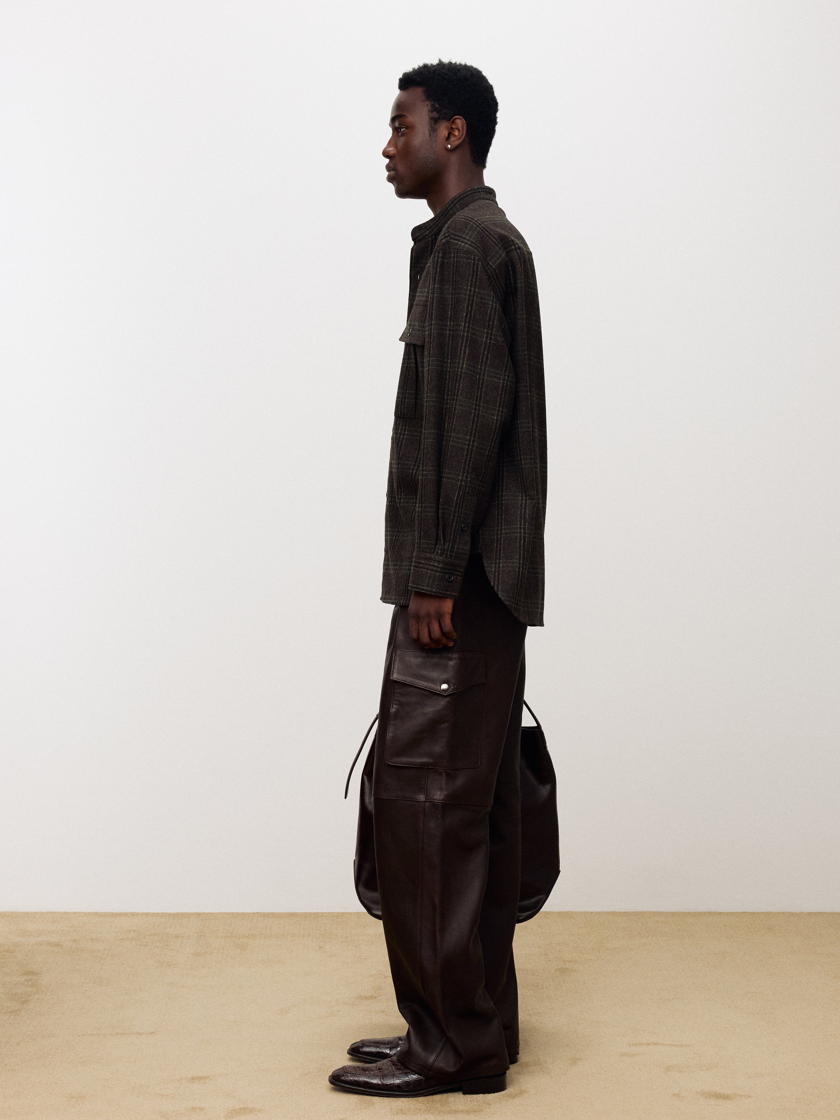 CHECKED WOOL OVERSIZED SHIRT_ DARK BROWN